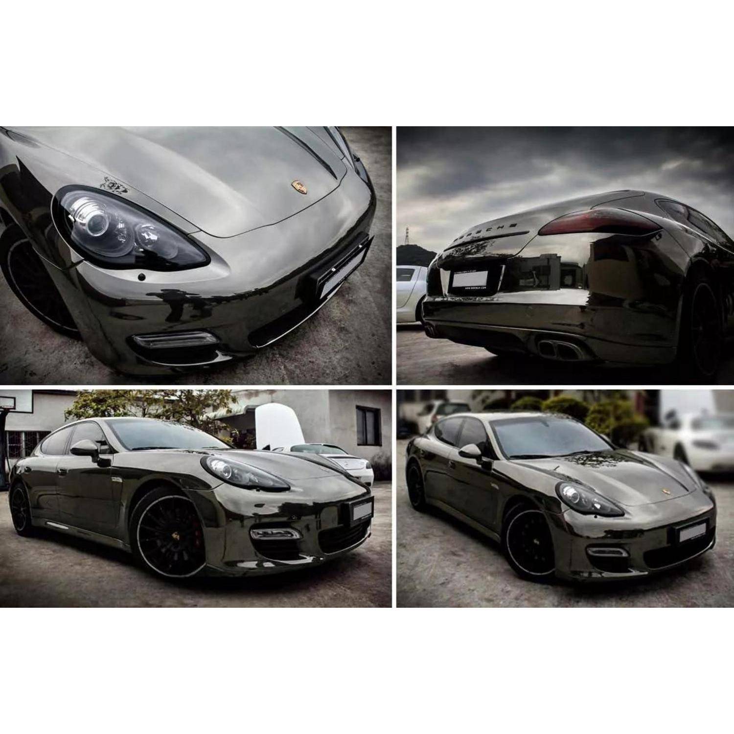 Collage eines dunkelgrauen Porsche-Sportwagens aus vier Blickwinkeln, die die Vorder-, Rück- und Seitenansichten zeigen, geparkt im Freien.