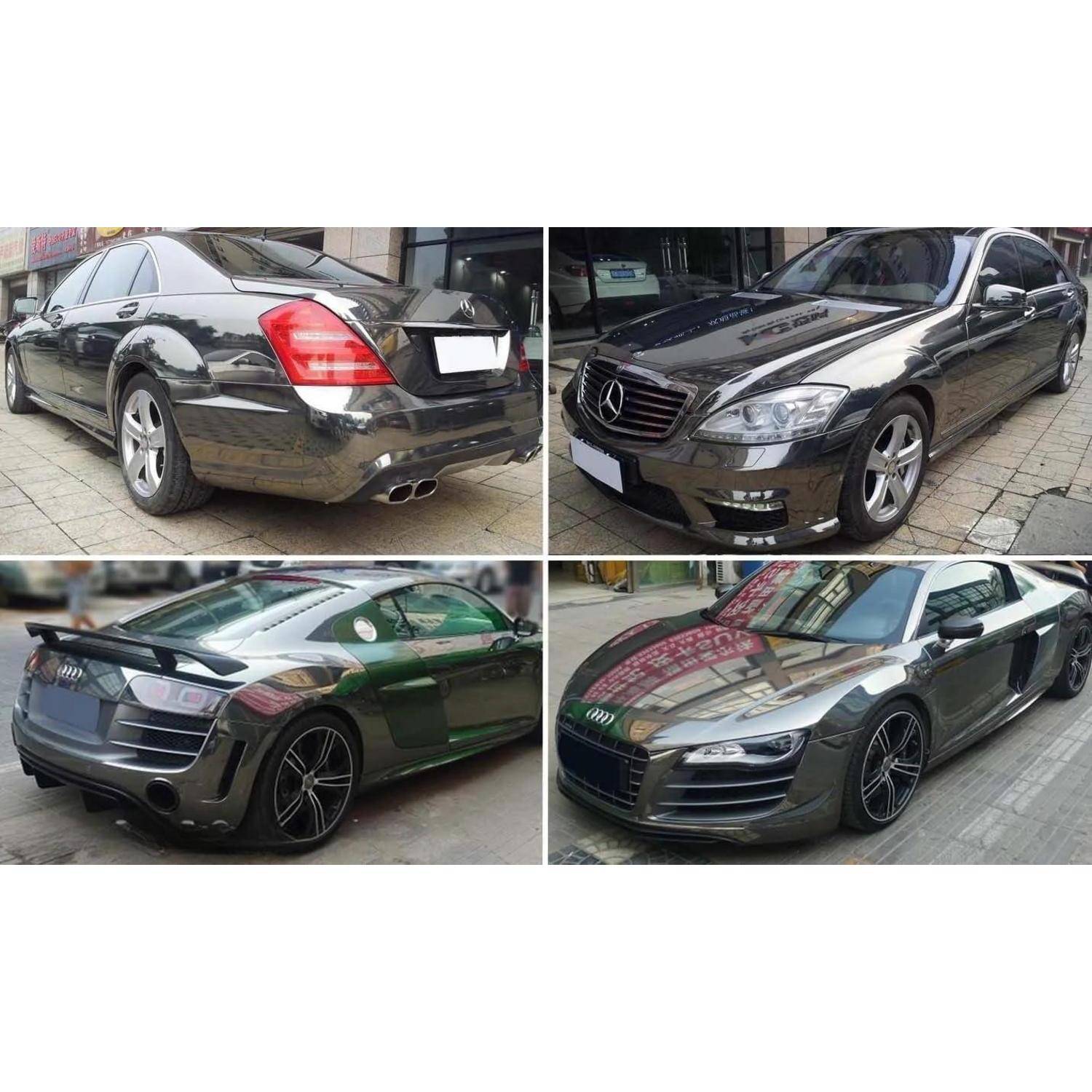 Vier Fotos zeigen ein schwarzes Luxus-Coupé-Sedan von vorne, hinten und von der Seite geparkt auf einer Straße.