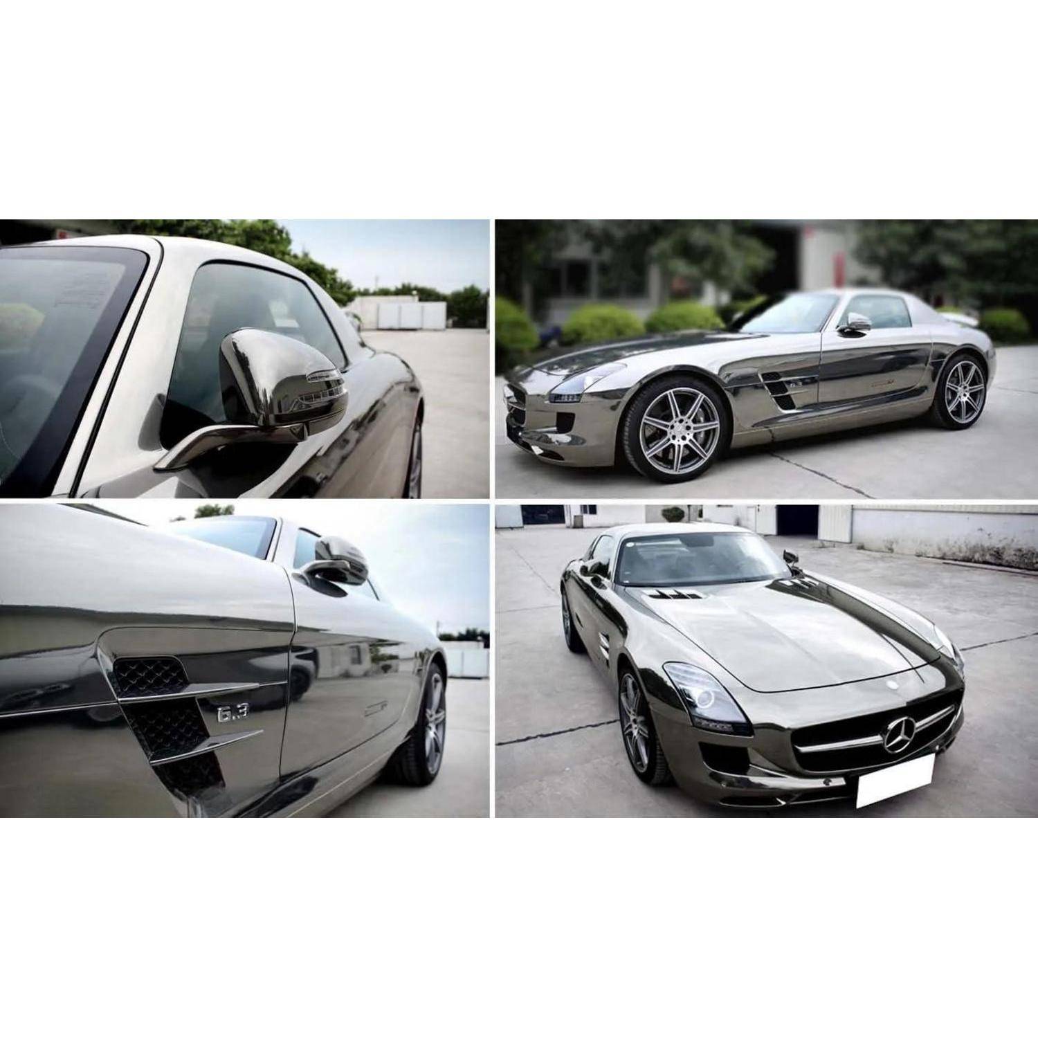 Collage eines silbernen Mercedes-Benz-Sportwagens, dargestellt aus nächster Nähe von der Seite, von hinten und von vorne in einem Parkplatz.