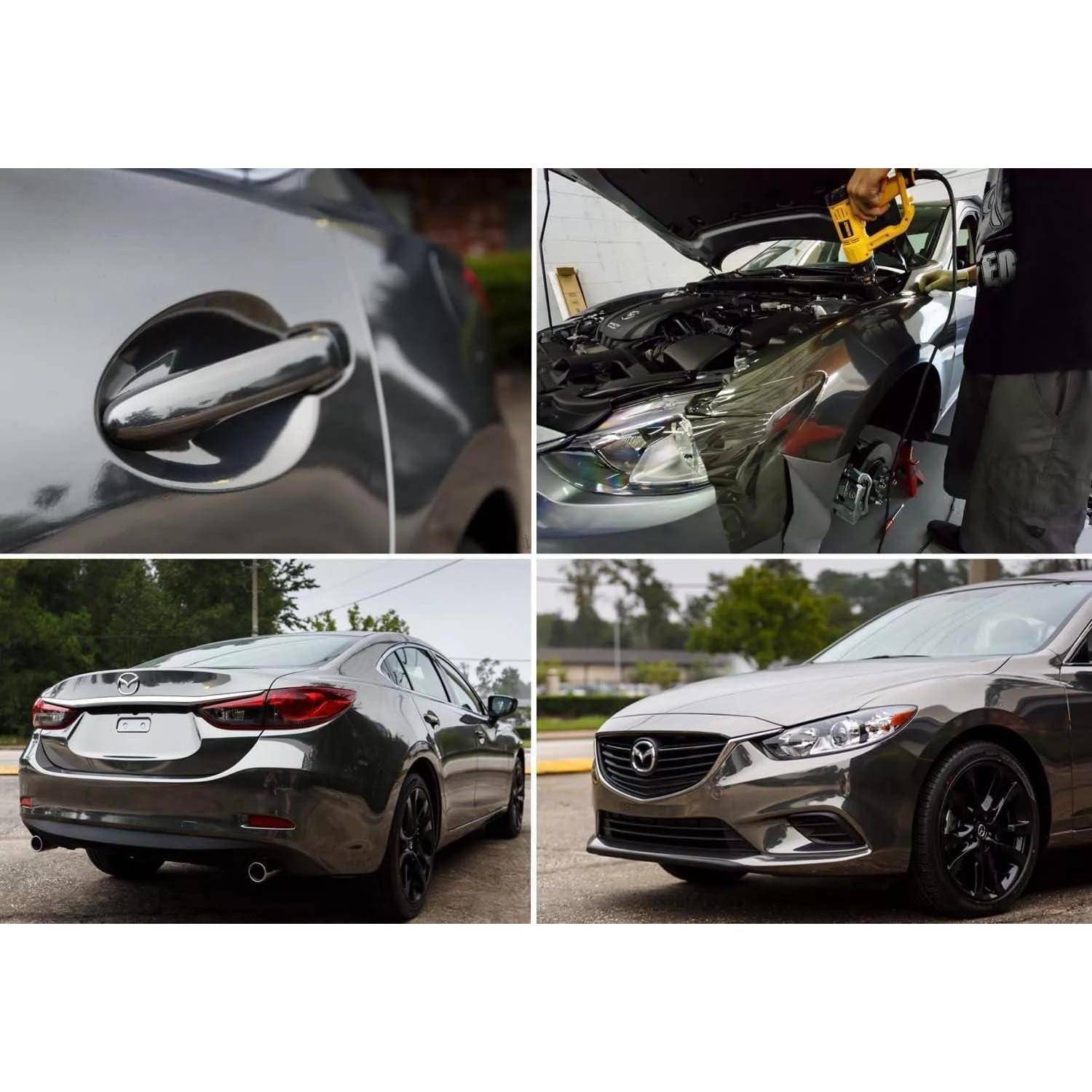 Viererteilige Fotocollage eines schwarzen Mazda-Sedans: Nahaufnahme der Türgriff, Motorraum-Reparatur, hintere Außenansicht und Frontansicht des Autos.
