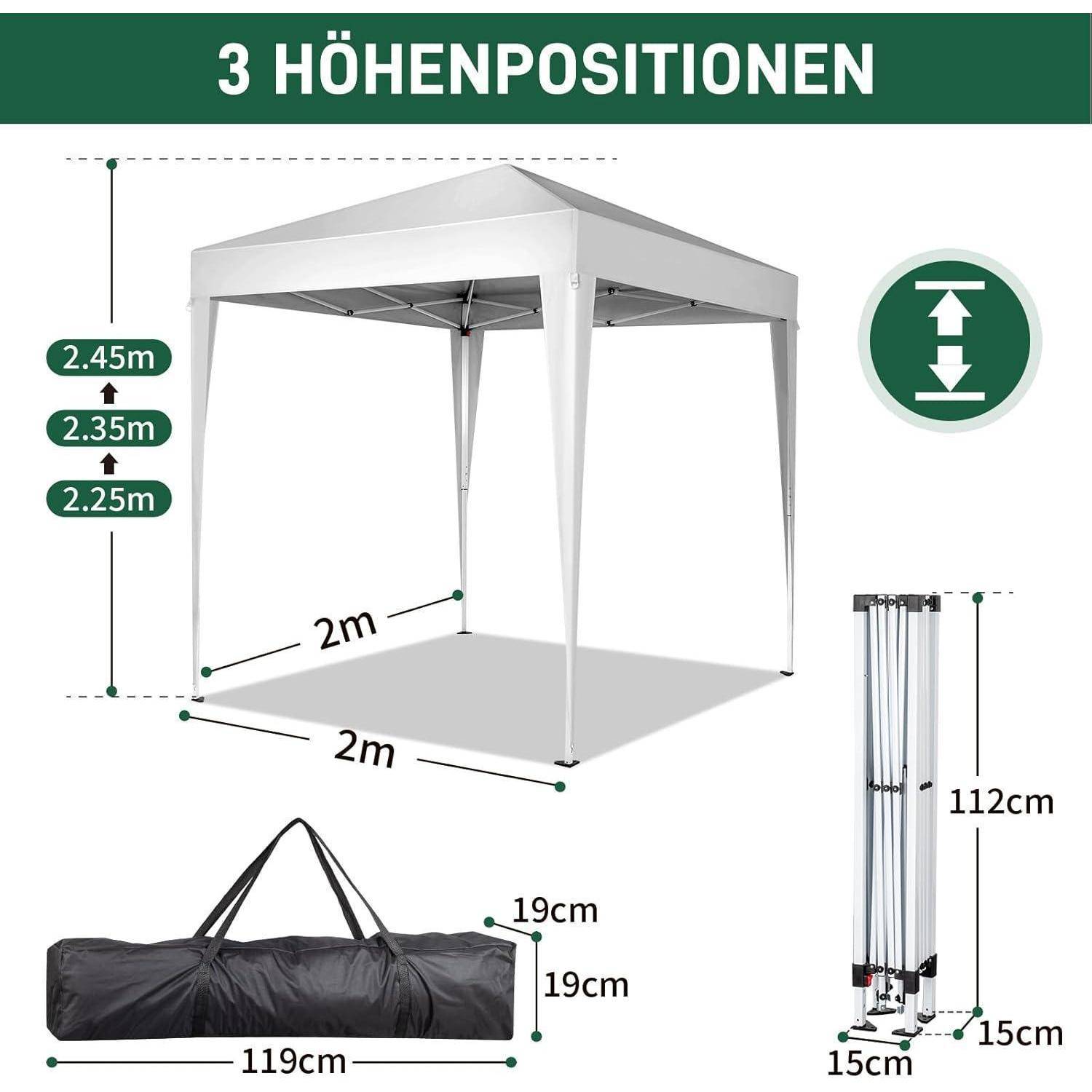 Abbildung eines Pop-up-Pavillonzelts mit 3 Höhenpositionen: 2,25 m, 2,35 m und 2,45 m; Grundfläche 2 m mal 2 m; Packmaß 119 cm lang, 19 cm hoch, 15 cm breit.