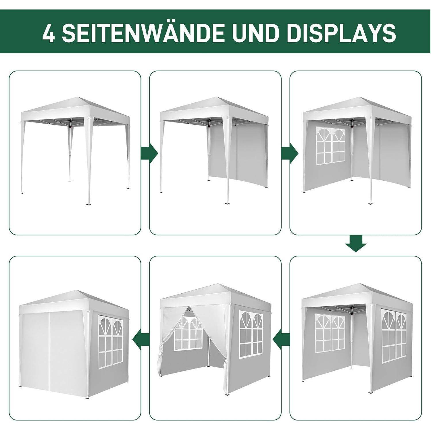 Sechstufiges Diagramm eines Baldachhinzelts mit vier Seitenwänden und Anzeigetafeln, das zeigt, wie Wände hinzugefügt und um das Gestell herum angeordnet werden.