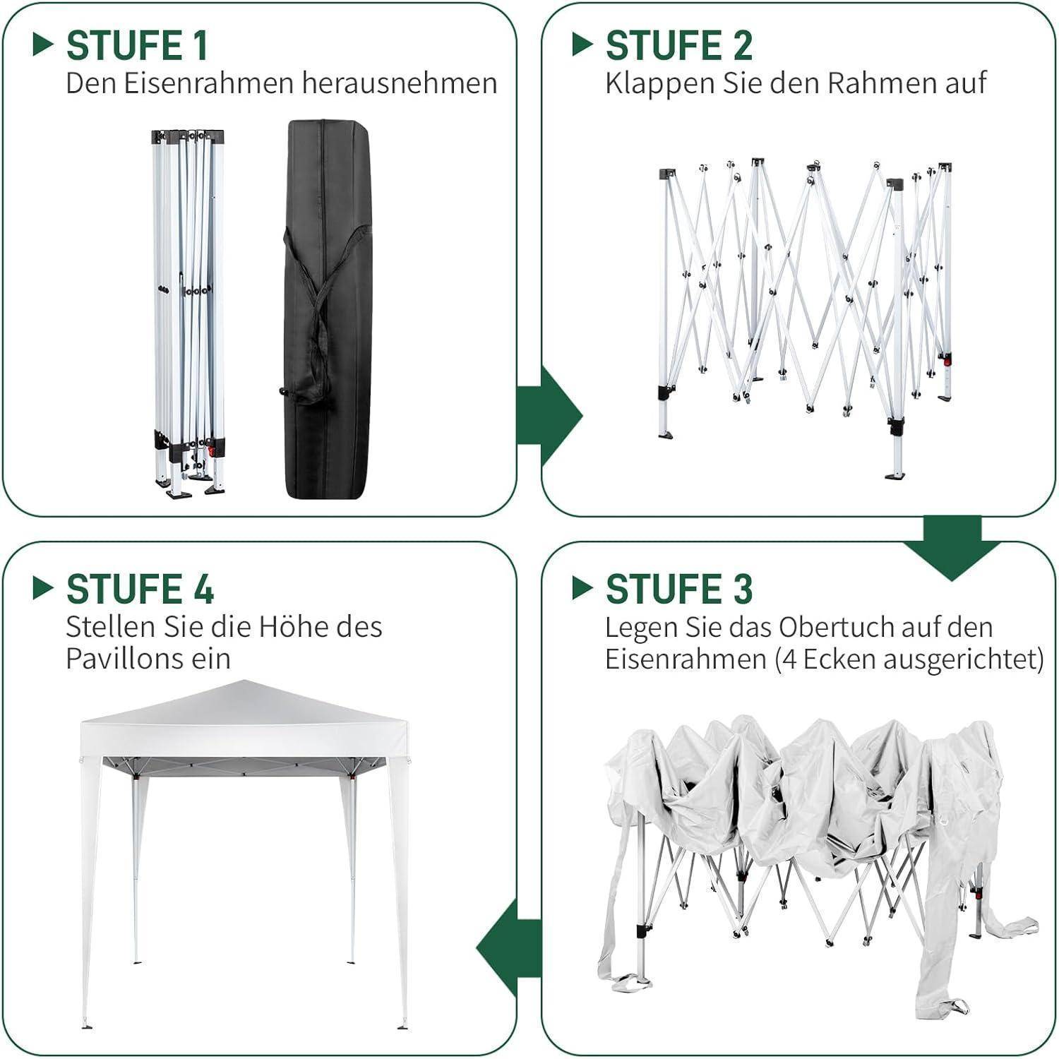 Aufbauanleitung für ein Pop-up-Pavillon: Entfernen Sie das Metallgestell, klappen Sie es auf, positionieren Sie die Abdeckung an vier Ecken ausgerichtet, passen Sie dann die Höhe an.