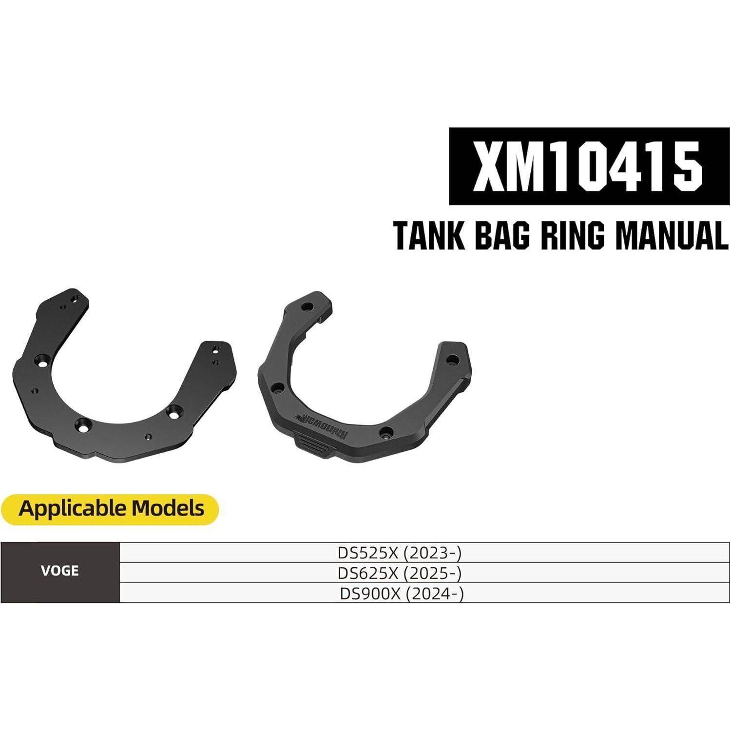 Produktbild der XM10415 Tankbag-Ringhalterung Bedienungsanleitung mit zwei schwarzen Montagringen und anwendbaren Voge-Modellen: DS525X, DS625X und DS900X.