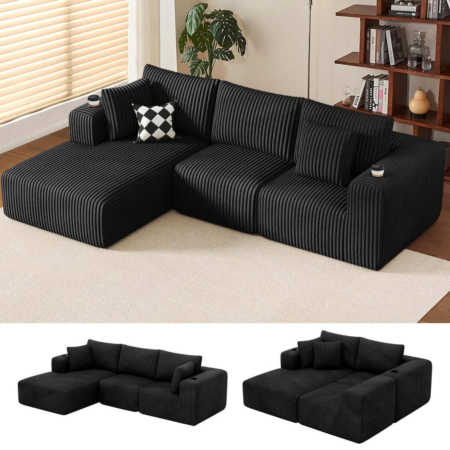 Modulare Eckgarnitur mit schwarzen Streifen und Chaiselongue in einem Wohnzimmer, darunter mit alternativen Konfigurationsansichten gezeigt.