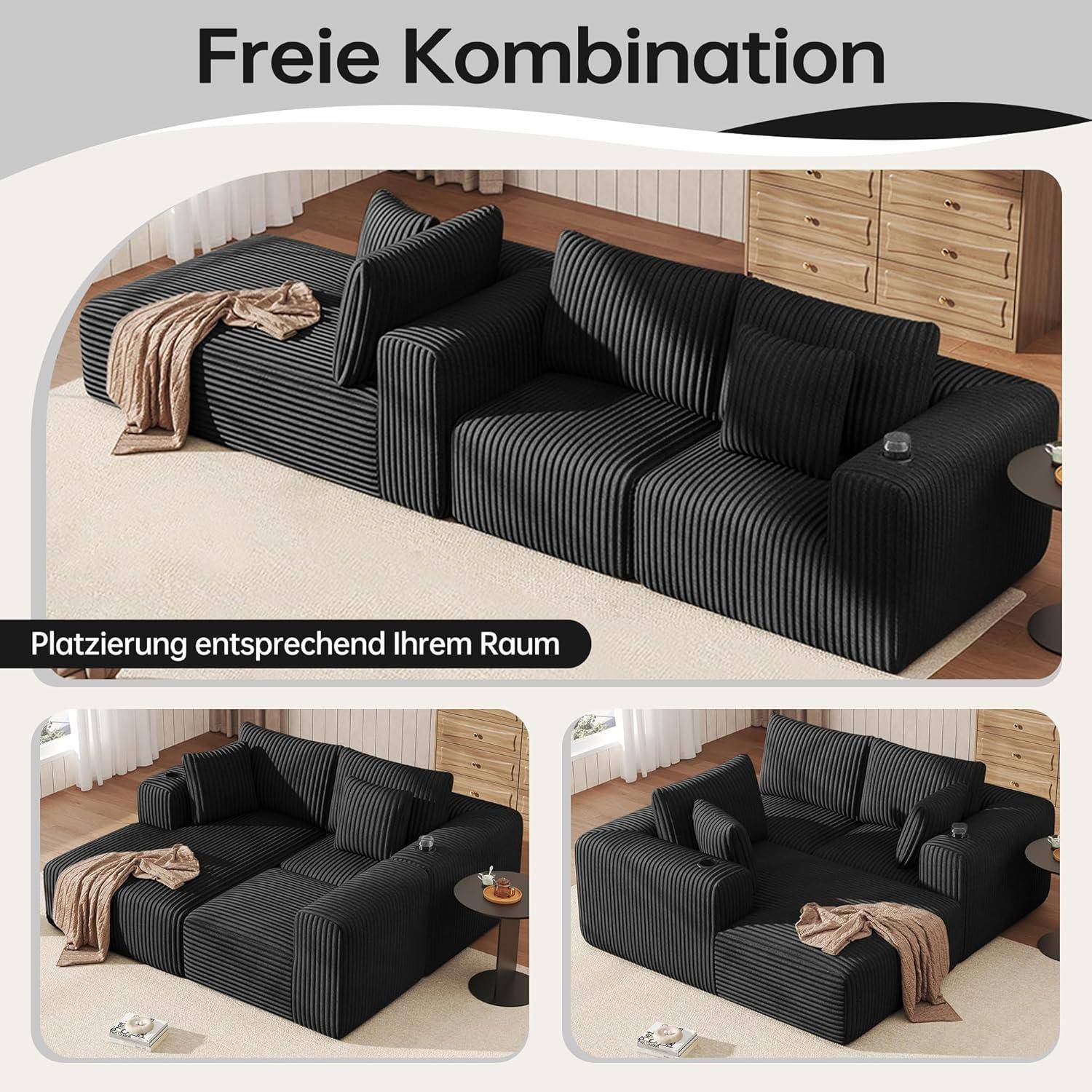 Modulares schwarz gestreiftes Sofa, dargestellt in drei Anordnungen, mit den Beschriftungen „Freie Kombination