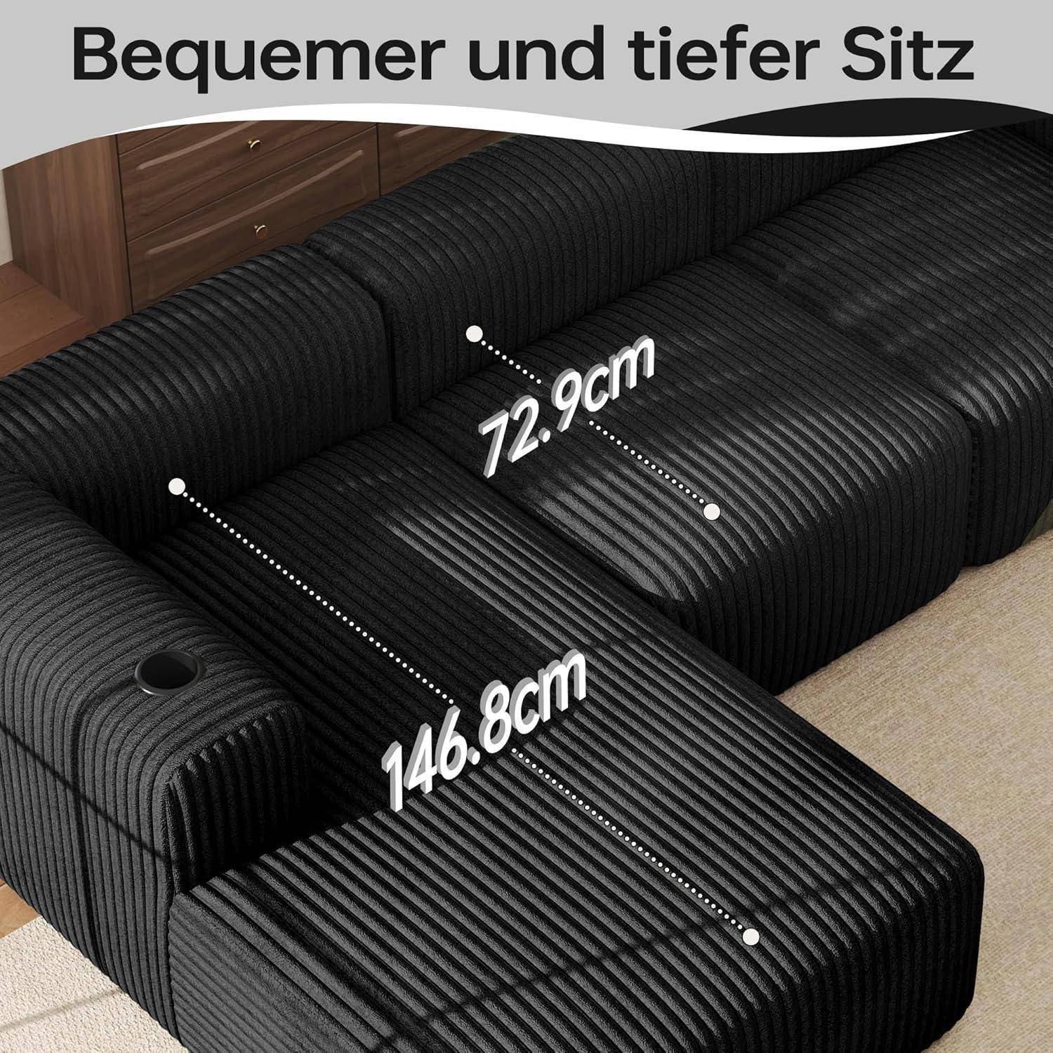 Schwarzes geripptes modulares Sofa mit tiefem Sitz, Abmessungen beschriftet mit 146,8 cm und 72,9 cm; Text besagt „Bequemer und tiefer Sitz