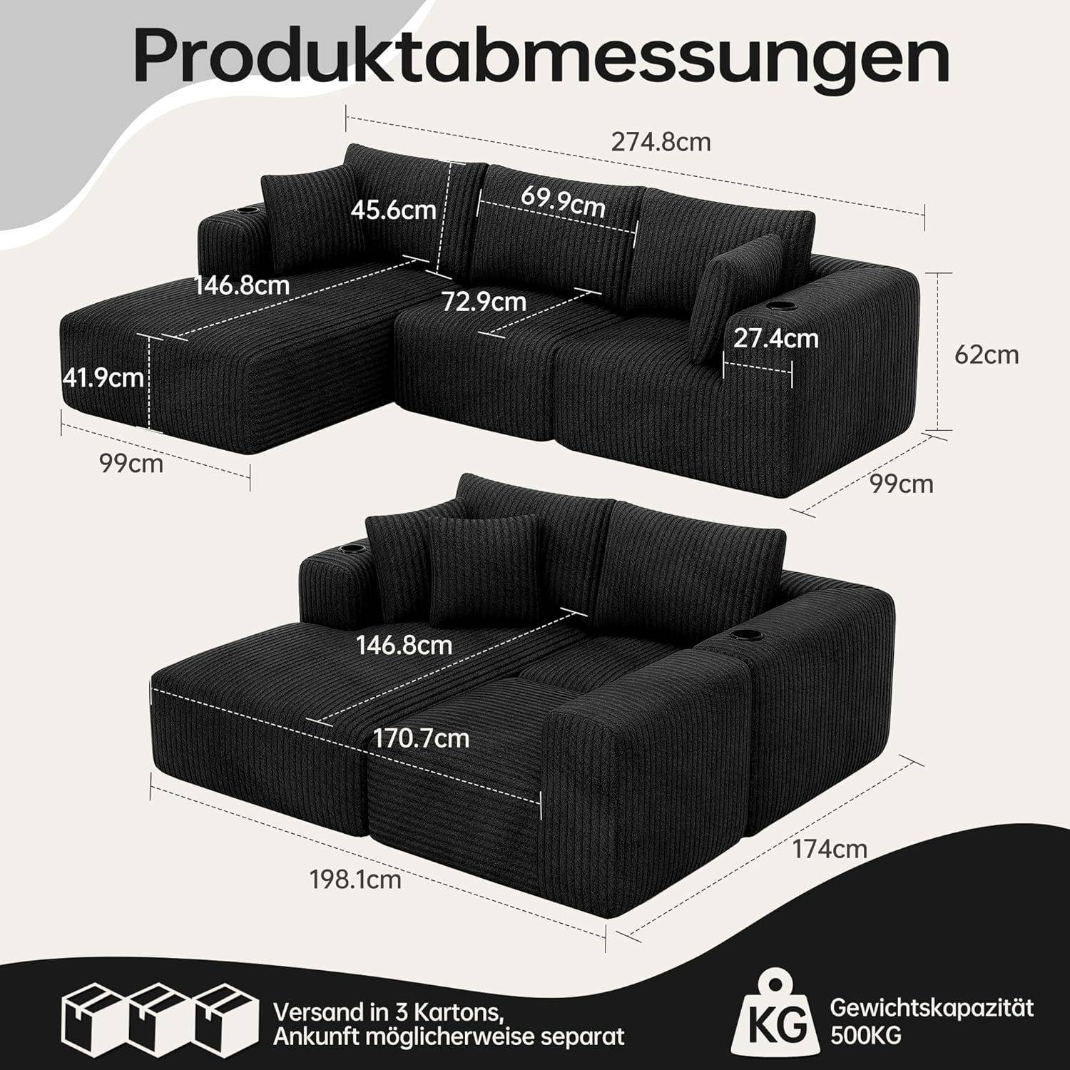 Schwarzes modulares Ecksofa mit Abmessungen in zwei Konfigurationen, mit Maßen in cm, Versand in 3 Kartons und Tragfähigkeit 500 kg.