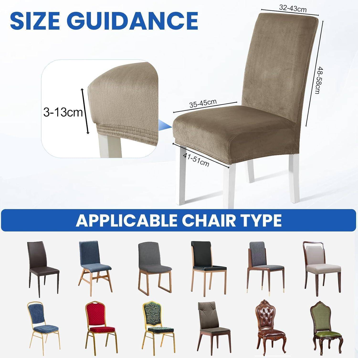 Schutzbezug-Größenleitfaden mit Rückenlehne 32-43 cm, Sitzbreite 35-45 cm, Sitztiefe 41-51 cm und Passform für verschiedene Stuhltypen.
