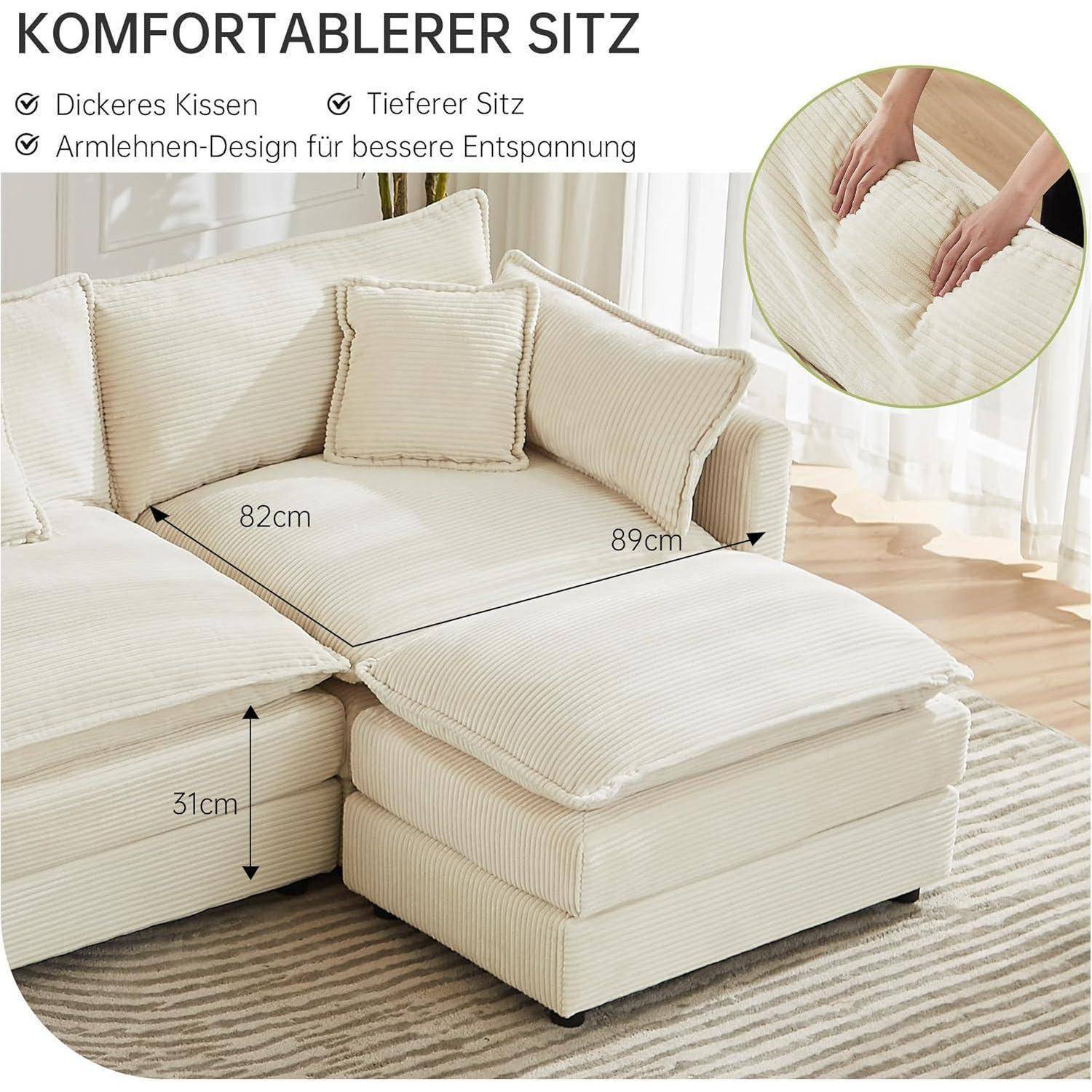 # Creme-farbiges Ecksofa mit tiefgepolstertem Sitz, Armlehnendesign und Abmessungen von 82 cm x 89 cm, dargestellt als komfortorientierte Anzeige mit deutschem Text.
