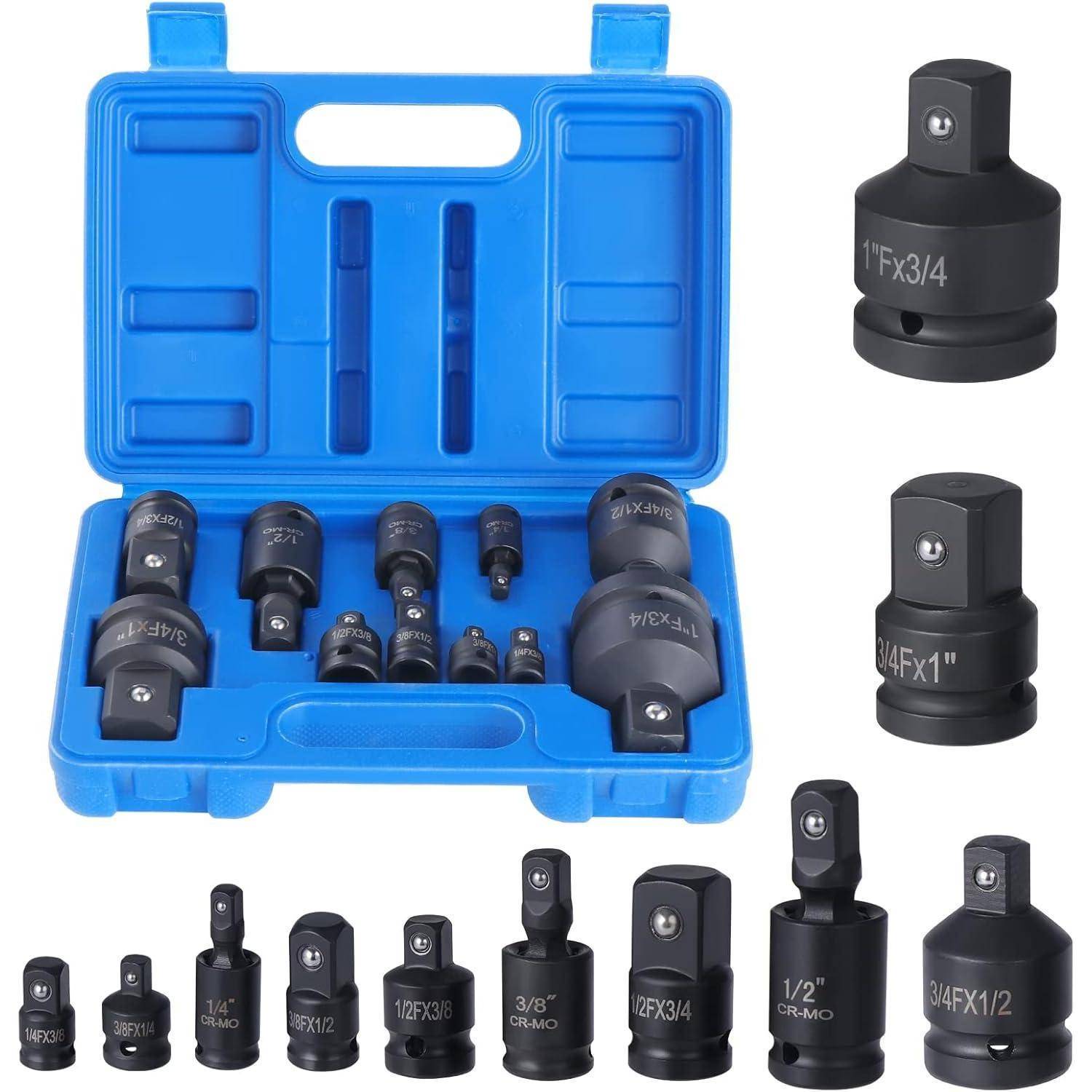 Blauer Koffer mit Schlagstecknuss-Adapterset mit mehreren schwarzen Sechskant-Vierkant-Antrieb-Adaptern daneben abgebildet, nach Größen gekennzeichnet.