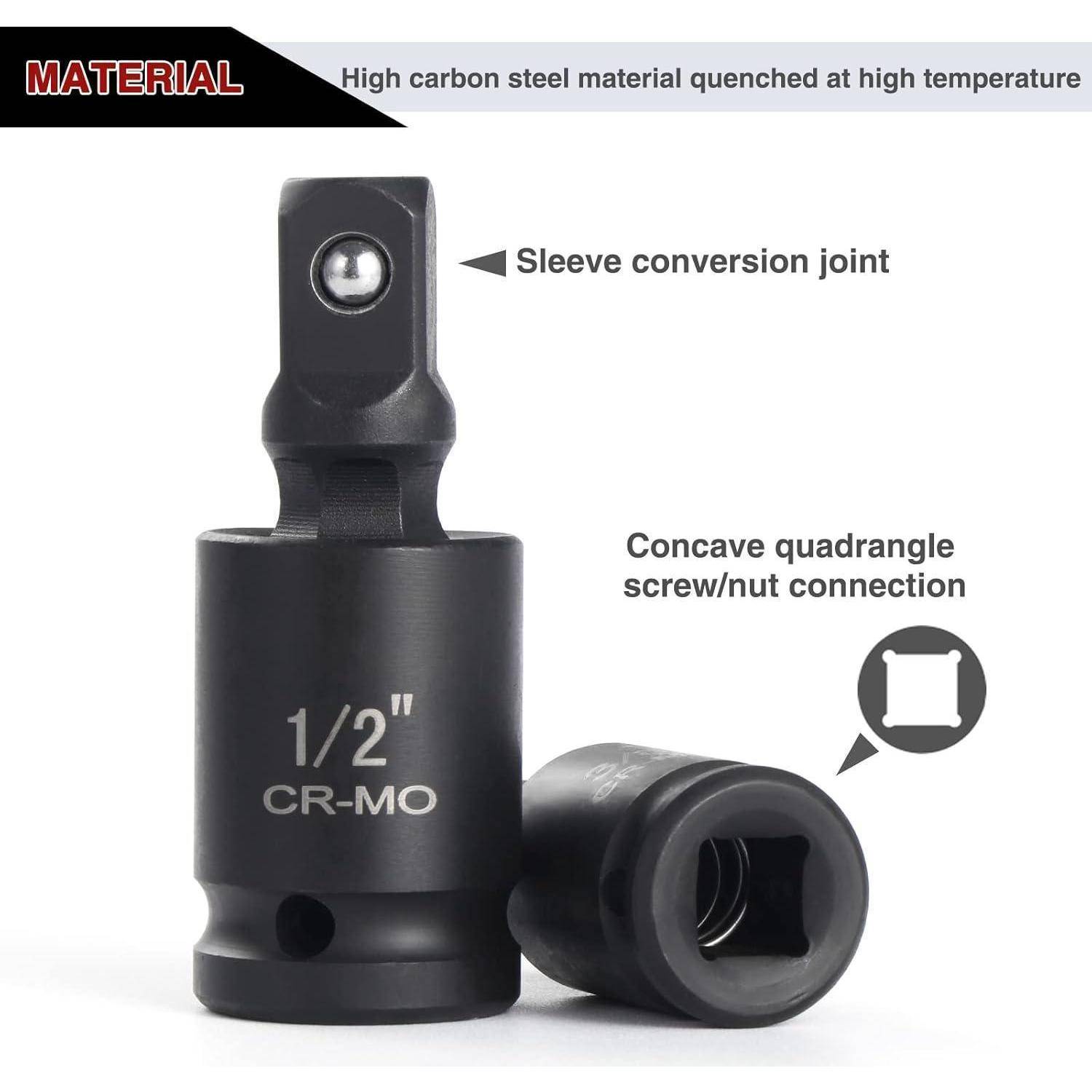 Produktbild eines 1/2-Zoll-CR-MO-Socketadapters und Bithalters, gekennzeichnet mit hochwertigem Chromoly-Stahl-Material mit Hülsenkonvertierungsgelenk und konkavem Vierkant-Schrauben-/Mutterverbindung.
