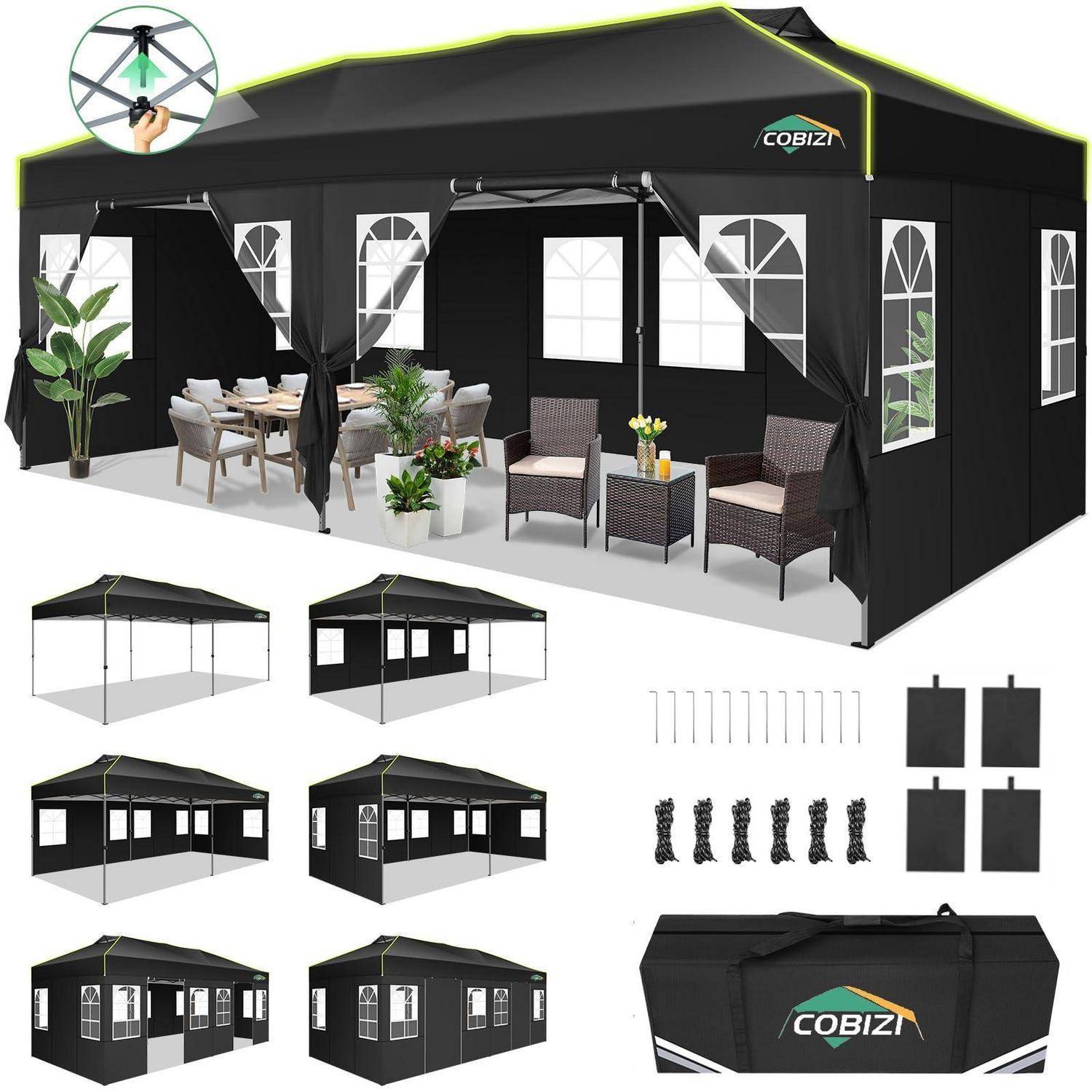Schwarzes COBIZY Pop-Up-Pavillon-Zelt mit Seitenwänden, Fenstern, Vorhängen und eingebauter Veranda-ähnlicher Bestuhlung, dargestellt mit Aufbaustutzen sowie Tragetagsche und Zubehör.