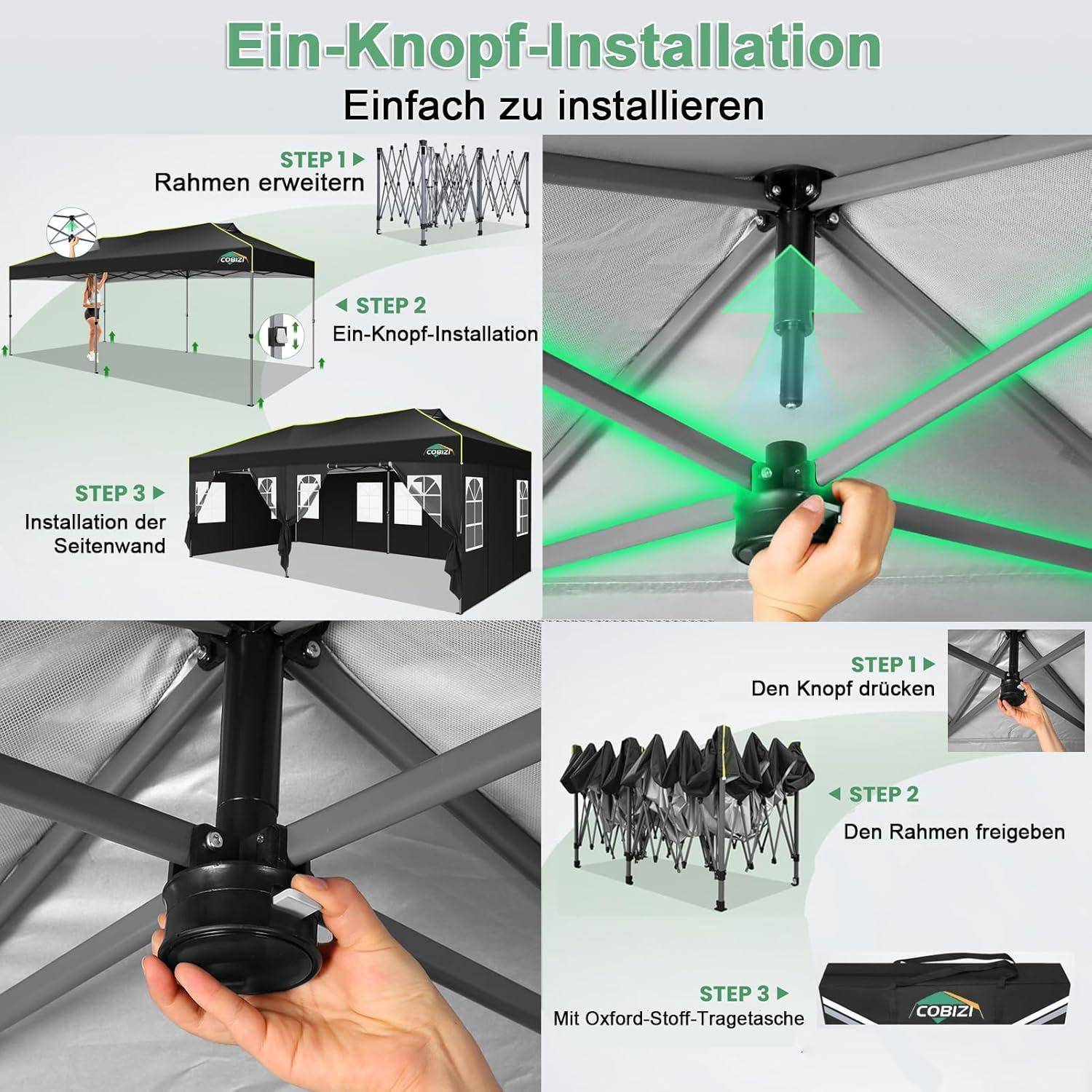 Deutsches Infografik zeigt einfaches Ein-Knopf-Aufbau des Kuppelzelts: Gestell ausfahren, Knopf drücken zum Freigeben des Gestells, dann Seitenwand installieren; Nahaufnahme von Händen, die den Mechanismus bedienen.