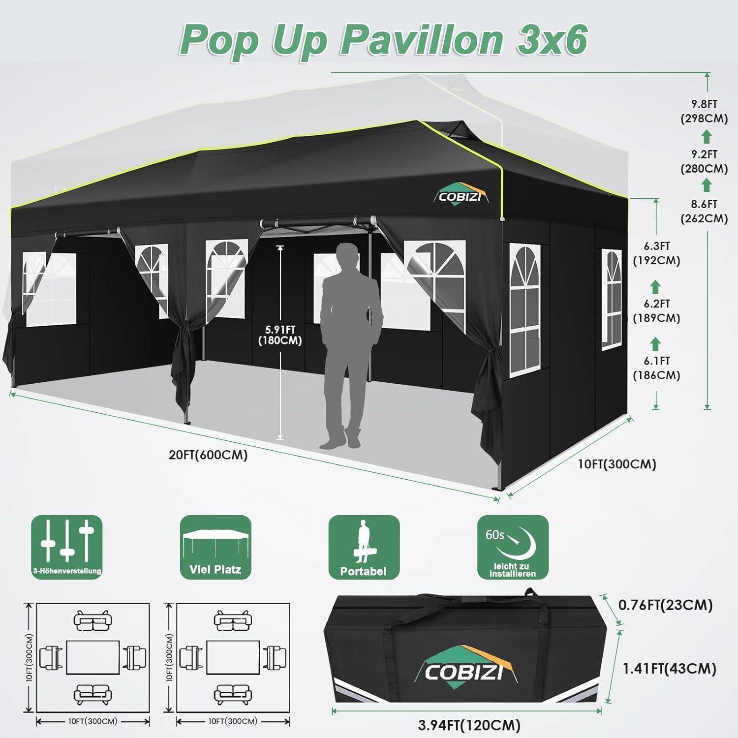 Diagramm eines schwarzen „Pop Up Pavillon 3x6" Pavillonzelts von COBIZ, dargestellt mit Abmessungen, verglasten Seitenpanelen und Symbolen für Witterungsbeständigkeit, Platzangebot, Tragbarkeit und schnelle Montage.