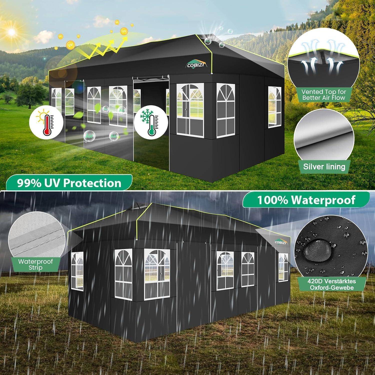 Werbebild eines schwarzen Outdoor-Baldachins mit folgenden Merkmalen: 99% UV-Schutz, belüftete Oberseite für Luftzirkulation, Silberauskleidung und 100% wasserdicht, mit wasserdichtem Streifen und Oxford-Stoff.