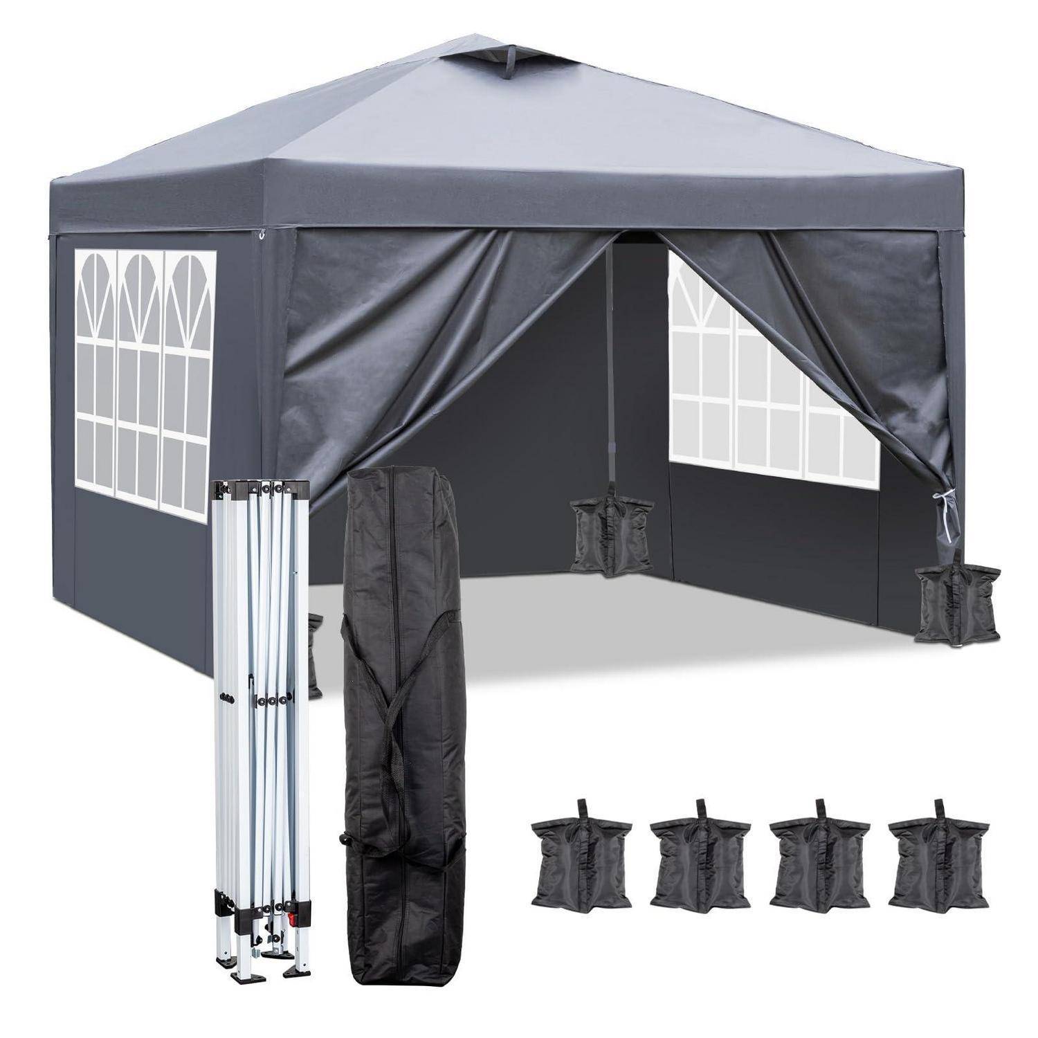 Grauer Pop-Up-Pavillon mit offener Vorderseite, Seitenfenster-Paneele, Tragetasche, Rahmenstücke und vier gewichtete Sandsäcke, die als im Lieferumfang enthaltenes Zubehör dargestellt sind.