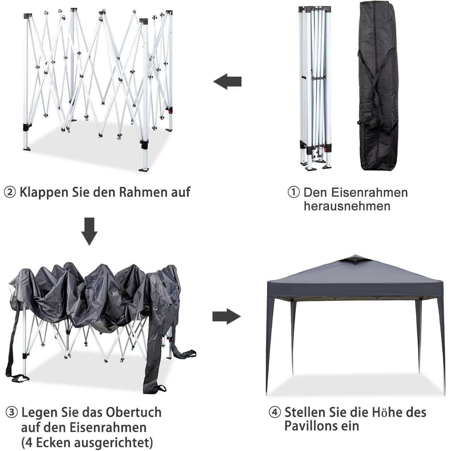 Montageanleitung für ein Popup-Pavillon: Entfernen Sie den Metallrahmen, klappen Sie ihn auf, drehen Sie das Dach über und stellen Sie die Höhe des Pavillons ein.