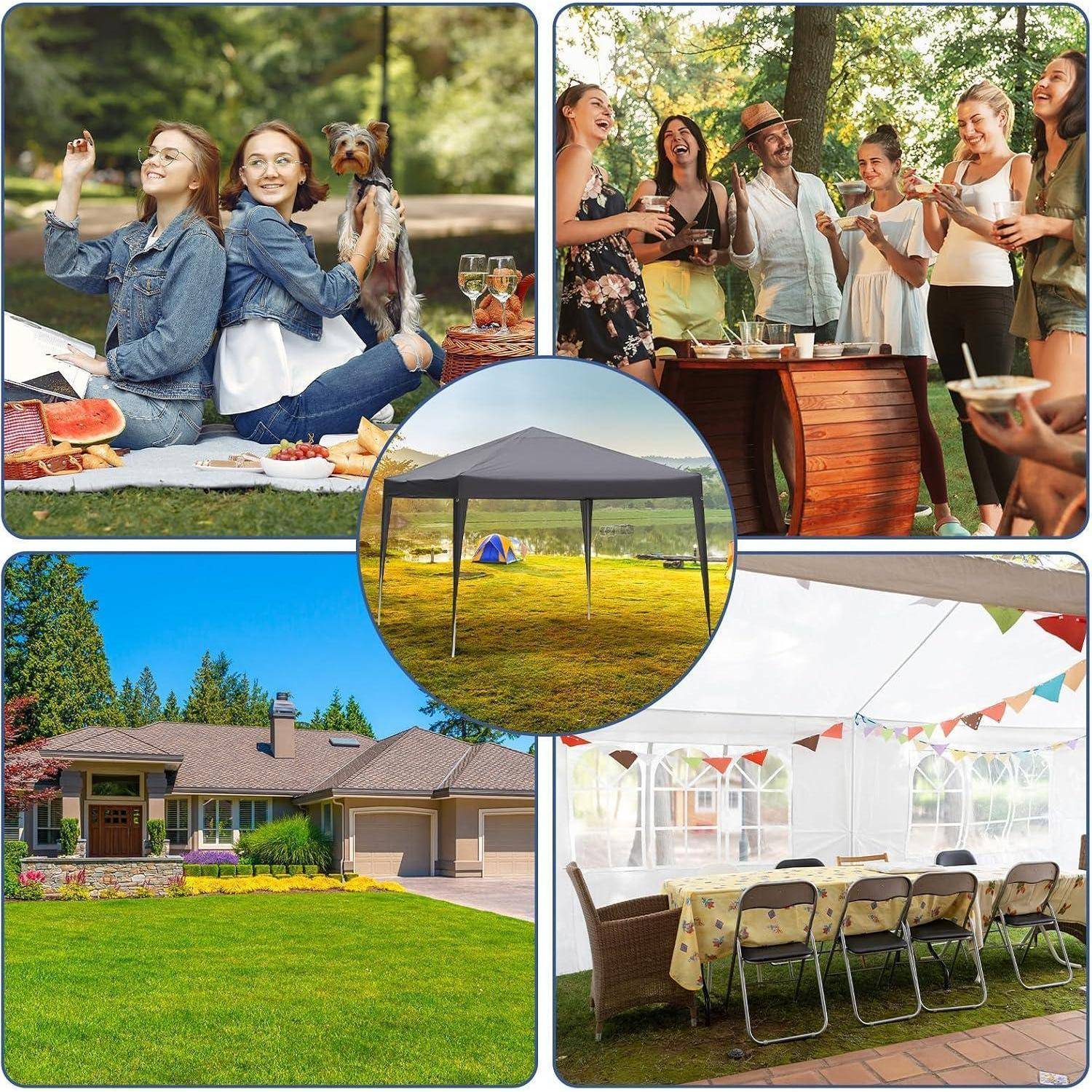 Collage von Außenparty-Szenen: Freunde picknicken und stoßen in einem Garten an, Menschen versammeln sich um einen Tisch, ein Gartenhaus und ein Pavillon-Zelt mit Stühlen und Wimpelketten.