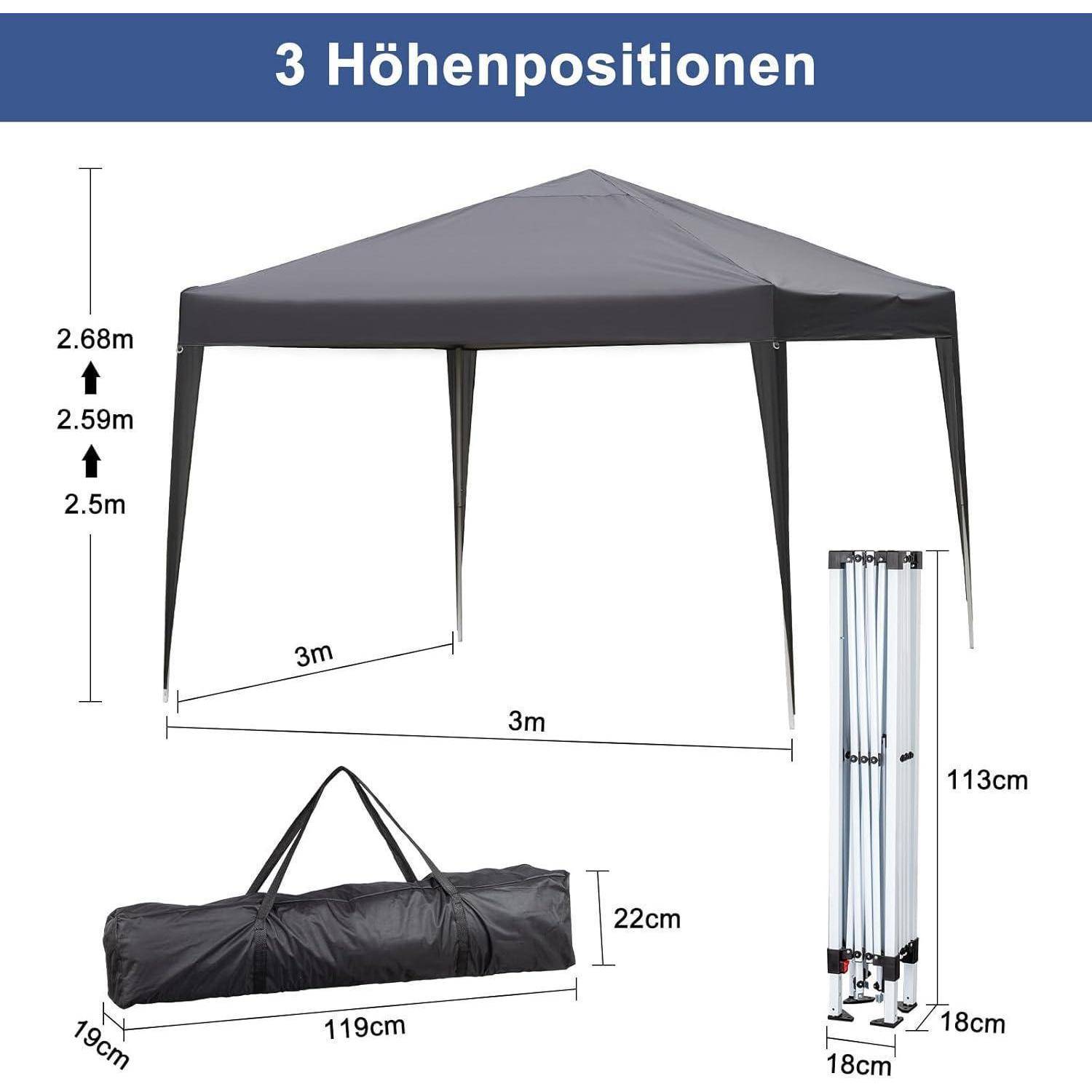 Diagramm eines grauen Pop-Up-Baldachins mit „3 Höhenpositionen