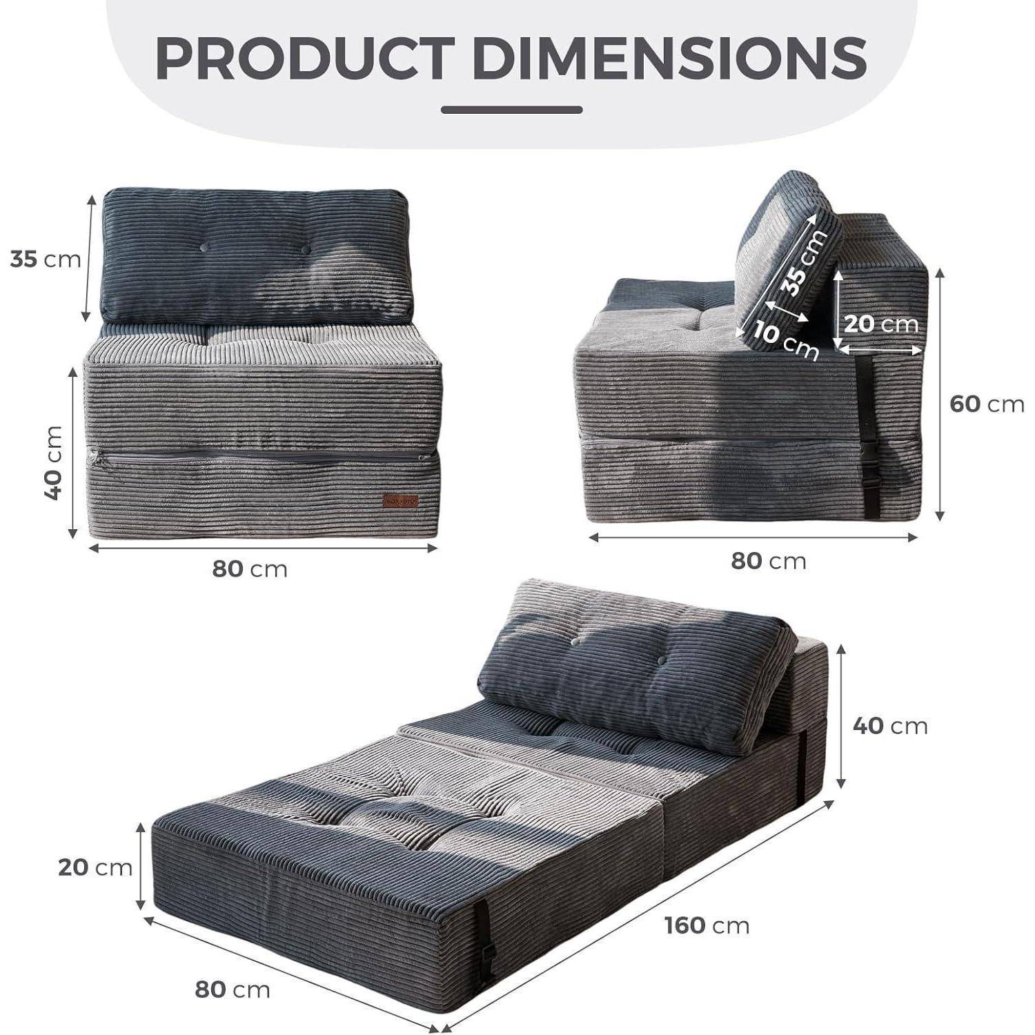 Produktabmessungsdiagramm einer grauen Schlafcouch: Sessel-Modus 80 cm breit, 40 cm hohe Sitzfläche, 35 cm Rückenlehne; Seitenansicht 60 cm hoch; Bettmodus 160 cm lang, 80 cm breit, 20 cm hoch.