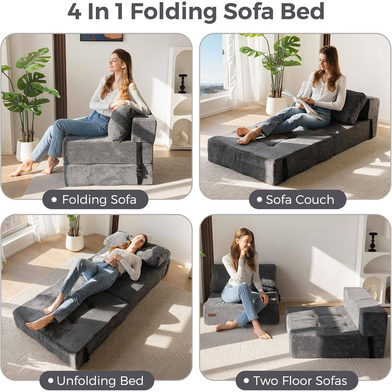 Vierteiliges Produktbild, das ein 4-in-1 Klappsofa-Bett zeigt, das sich in ein Klappsofa, ein Sofa-Couch, ein aufklappbares Bett und zwei Bodensofas umwandelt.
