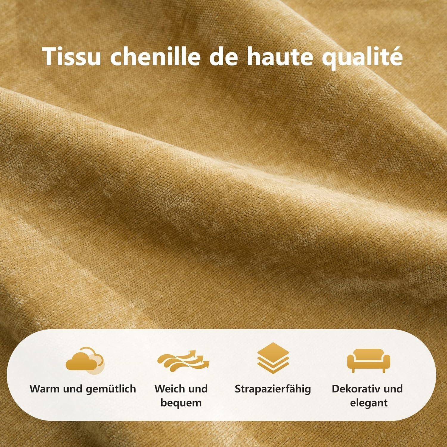 Beige Chenille-Stoff mit französischem Text „Tissu chenille de haute qualité