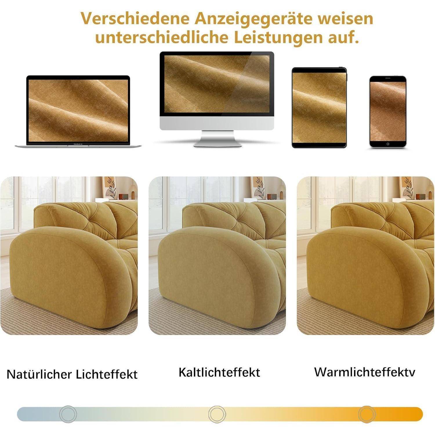 Infografik, die die gleiche Farbe eines Stoffes oder Sofas auf verschiedenen Bildschirmen und unter natürlichem, kaltem und warmem Licht zeigt, mit einem Farbtemperatur-Schieberegler darunter.