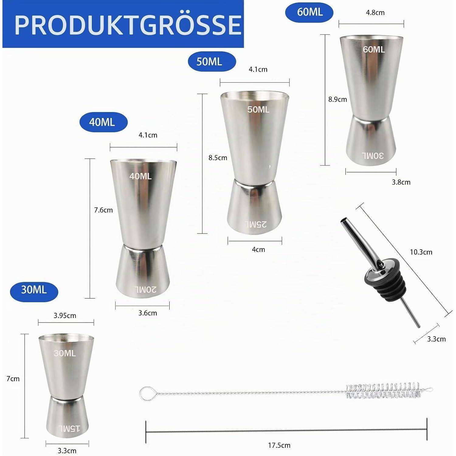 Größentabelle für Produkte mit Edelstahl-Messflaschen in 30, 40, 50 und 60 ml, plus Ausgießer und Reinigungsbürste mit Abmessungen.