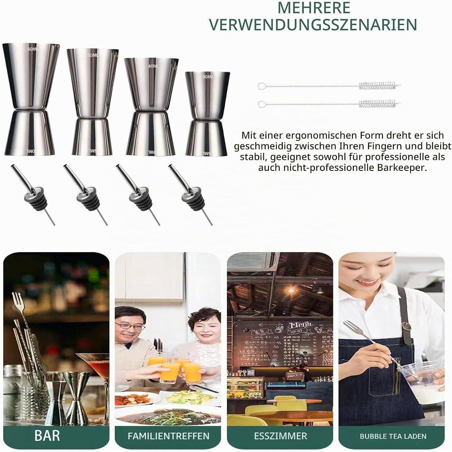 Cocktail Messbecher,4 Stück Edelstahl Barmaß 3cl/4cl/5cl/6cl Klein Jigger,Dual Gin cl Messbecher mit 4 Flaschenausgießern & 2 Pinseln für Party We