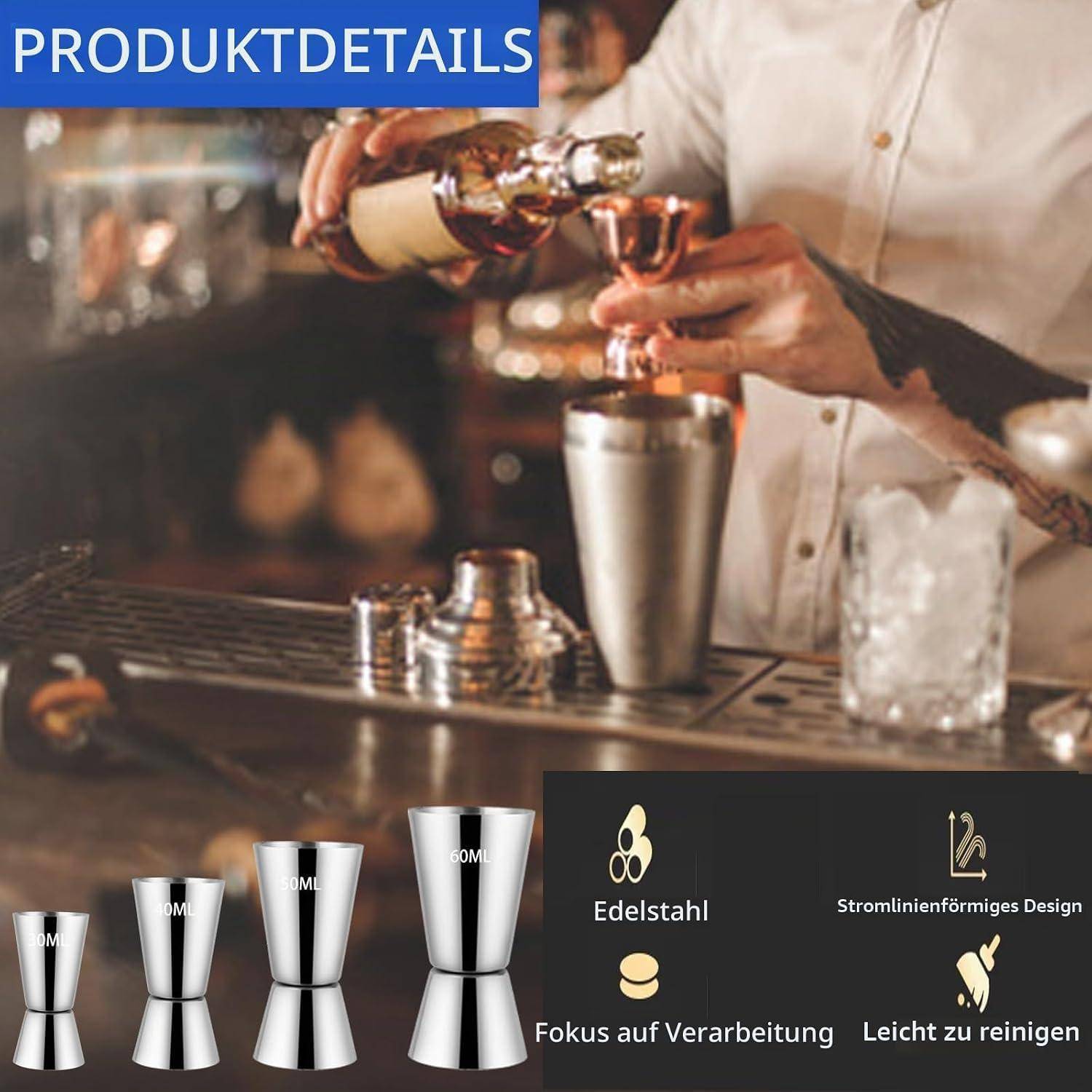 Vier Edelstahl-Messbecher in verschiedenen Größen, dargestellt in einem Produktdetailbild, mit deutschen Etiketten, die Material, Handwerkskunst, elegantes Design und einfache Reinigung hervorheben.