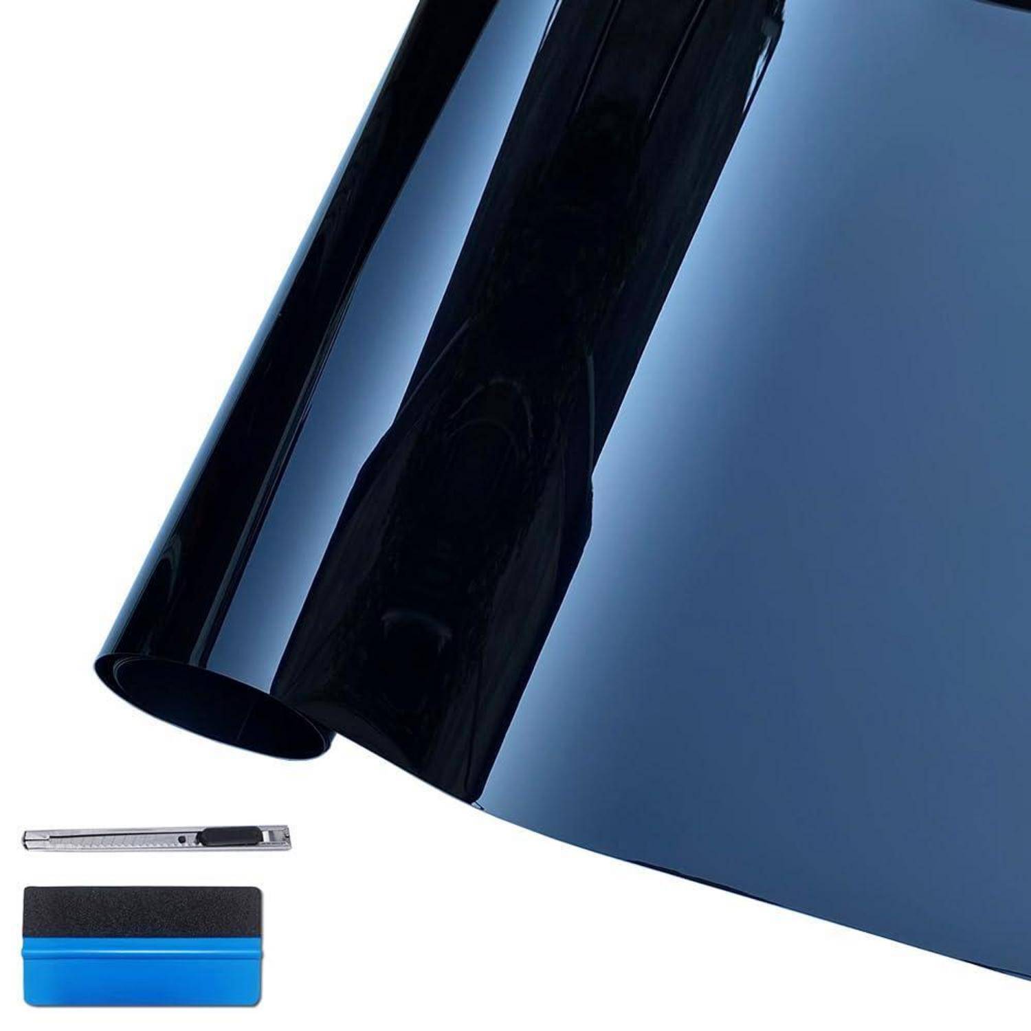 Schwarze und blaue Klebeband-Vinylfolie mit Universalmesser und Rakel-Werkzeugen zur Anbringung.