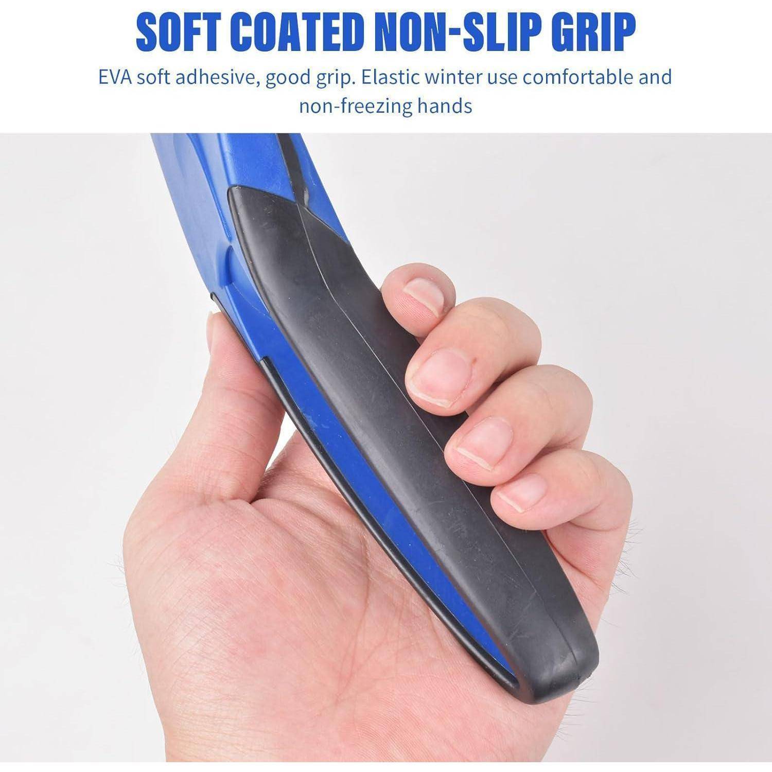 Nahaufnahme einer Hand, die ein blaues Gerät mit schwarzem, weich beschichtetem, rutschfestem Griff hält; der Text lautet „SOFT COATED NON-SLIP GRIP