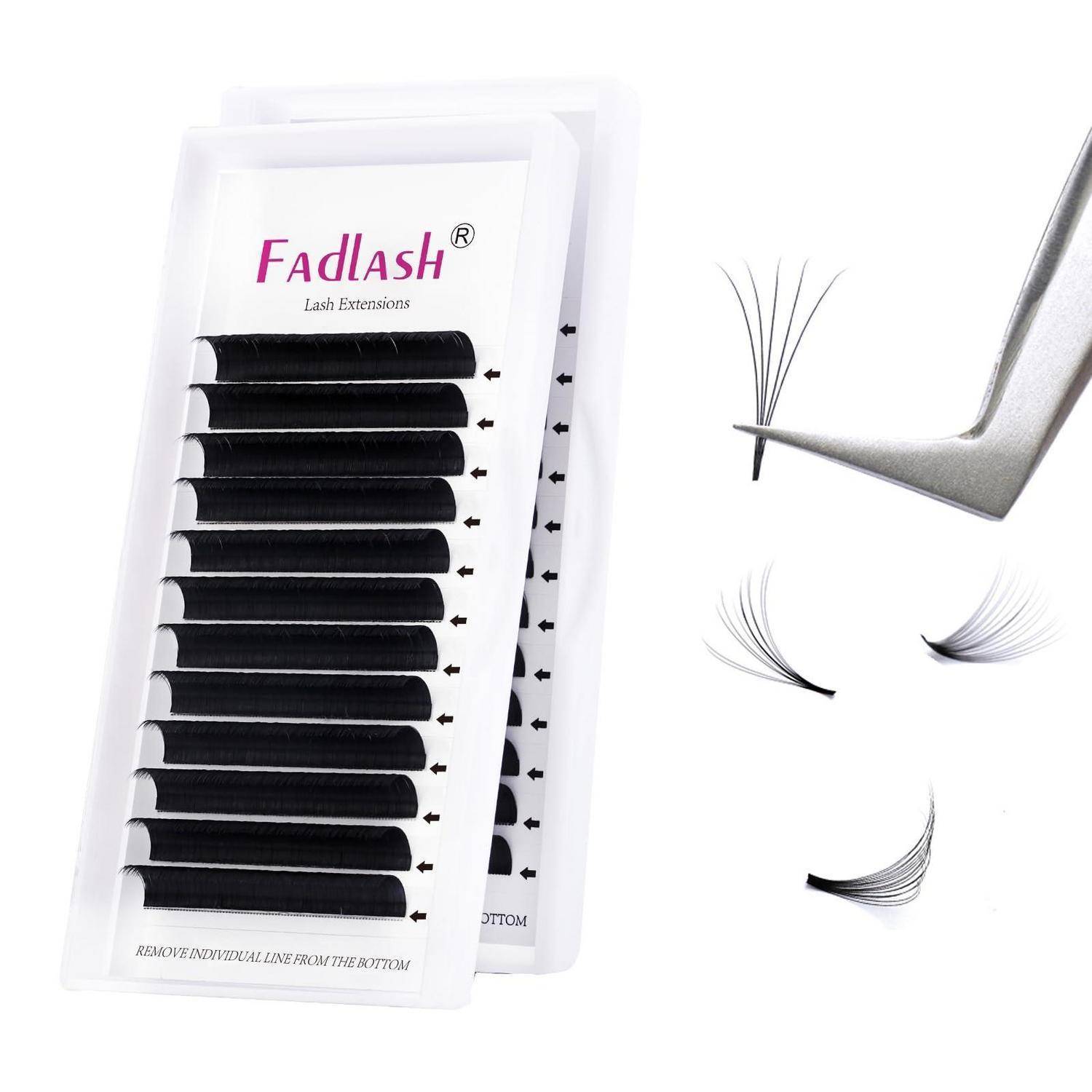 FadLash Wimpernverlängerungstablett mit schwarzen Wimpernstreifen und Pinzetten, die einzelne Wimpernfächer auf weißem Hintergrund formen.