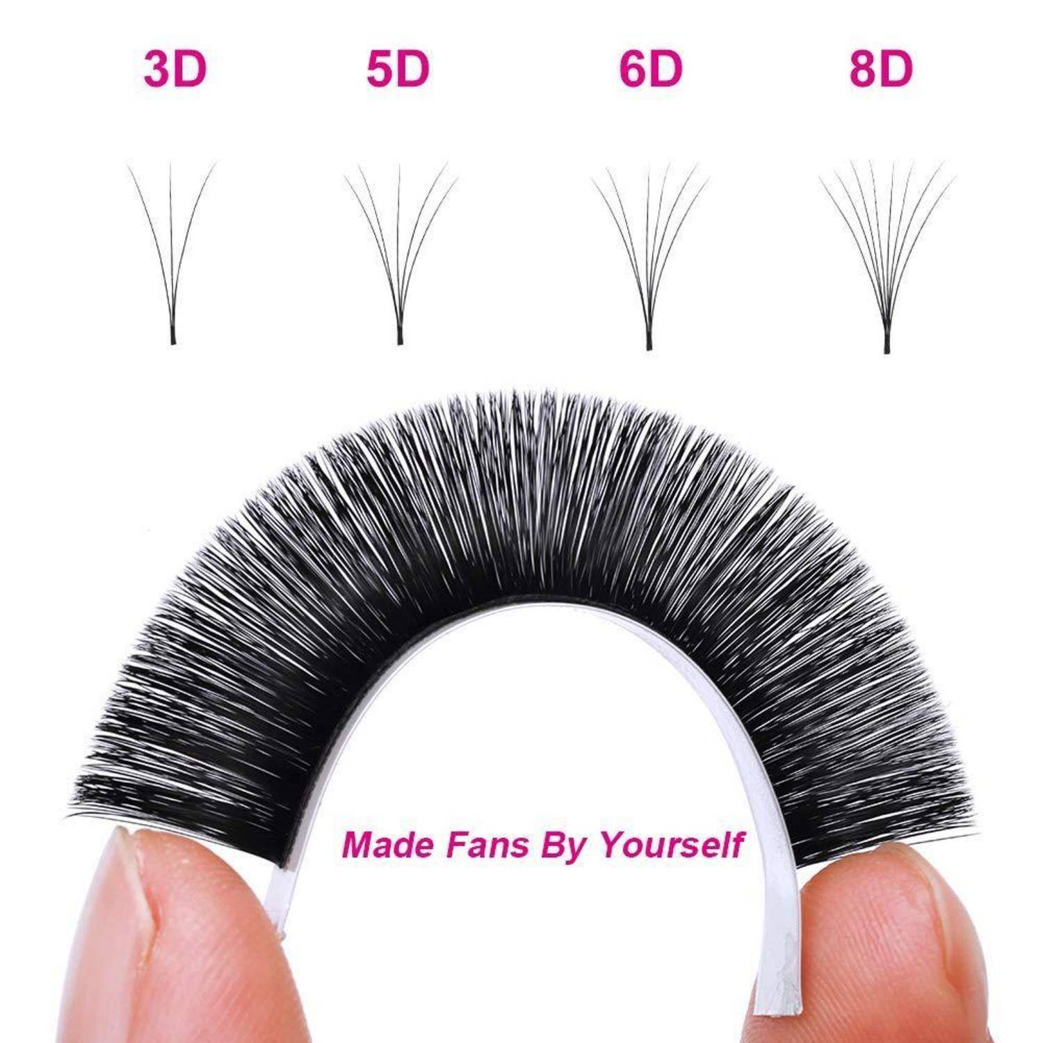 Beispiel eines Wimpernverlängerungs-Fächers, der 3D-, 5D-, 6D- und 8D-Stile zeigt, mit der Notiz „Fächer selbst hergestellt