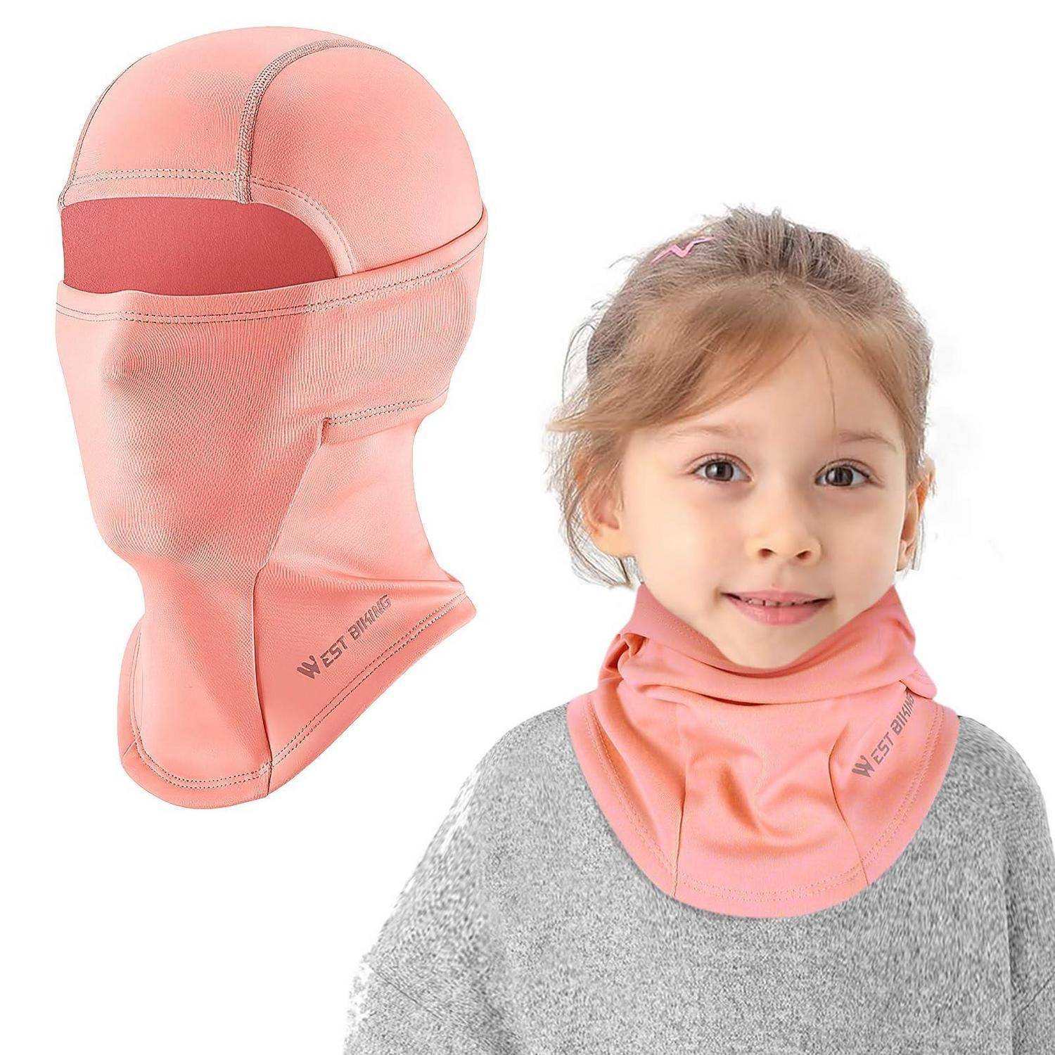 Rosa Kinder-Wintergesichtsmaske und Nackenwickler, dargestellt an einem kleinen Mädchen, mit dem Produkt separat auf weißem Hintergrund abgebildet.