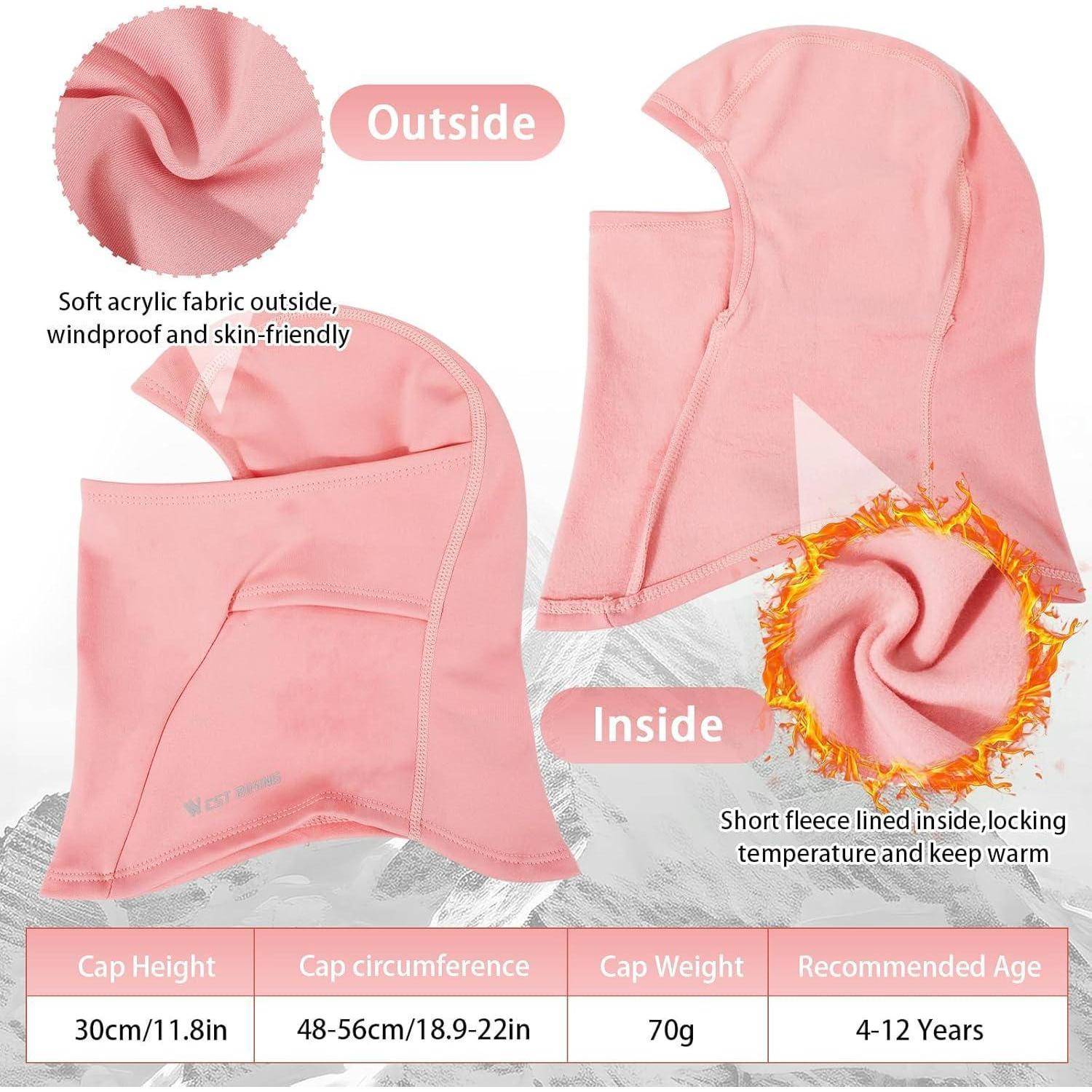 Rosa Kinder-Winterbalaclava-Haube, innen und außen gezeigt, beschriftet mit Acryl außen und Fleece-Futter innen; Tabelle listet 30 cm Höhe, 48-56 cm Umfang, 70 g, Alter 4-12 Jahre.