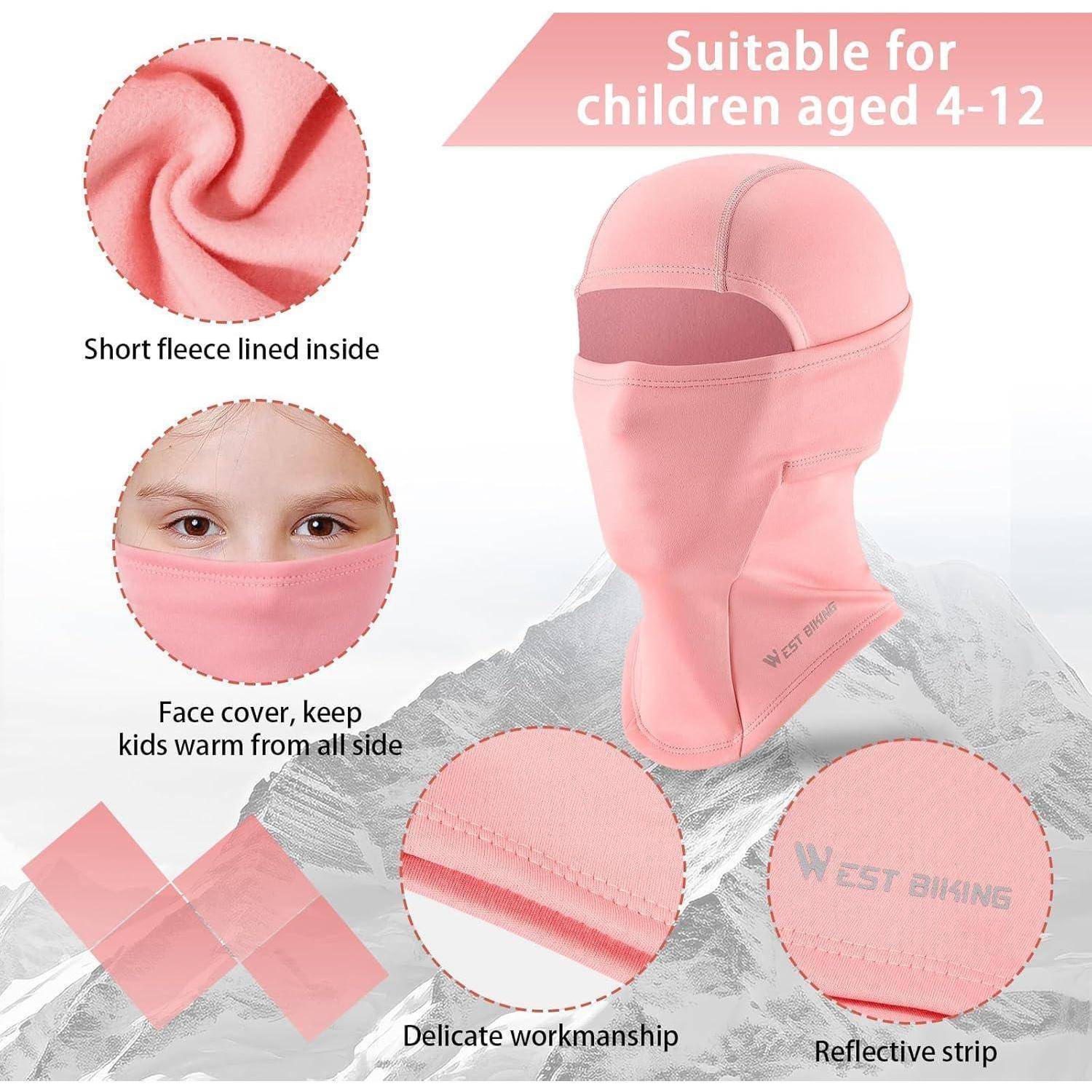 Rosa Kinder-Wintergesichtsmaske mit Kapuze, gekennzeichnet als geeignet für Alter 4-12; zeigt Fleecefutter, Gangesichtsabdeckung, reflektierendes Band und Nahaufnahmen von Details.