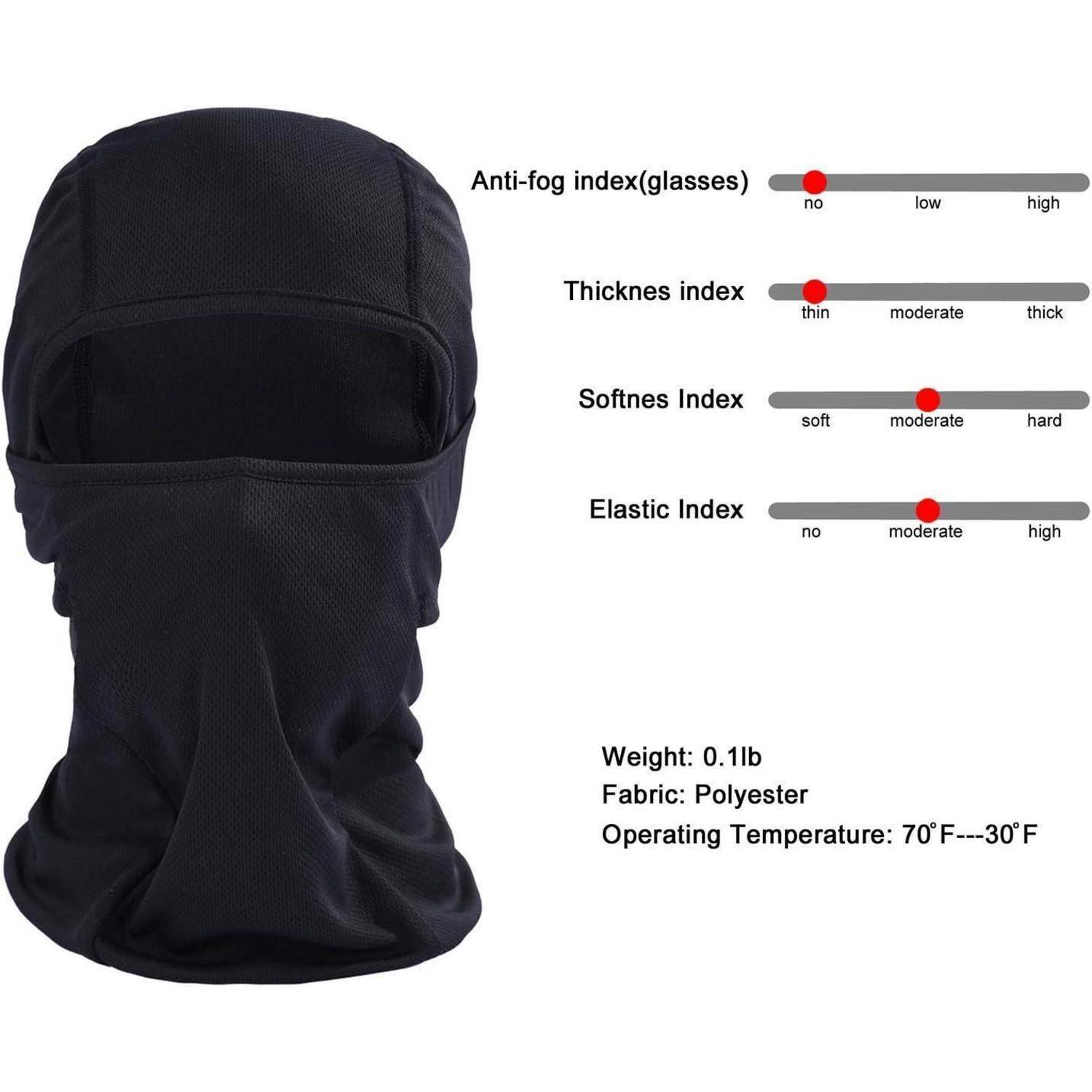 Schwarze Polyester-Sturmhaube mit Augenöffnung; Produktdiagramm bewertet Antivernebelung, Dicke, Weichheit und Elastizität und listet Gewicht 0,1 lb und Betriebstemperatur 70°F bis -30°F auf.