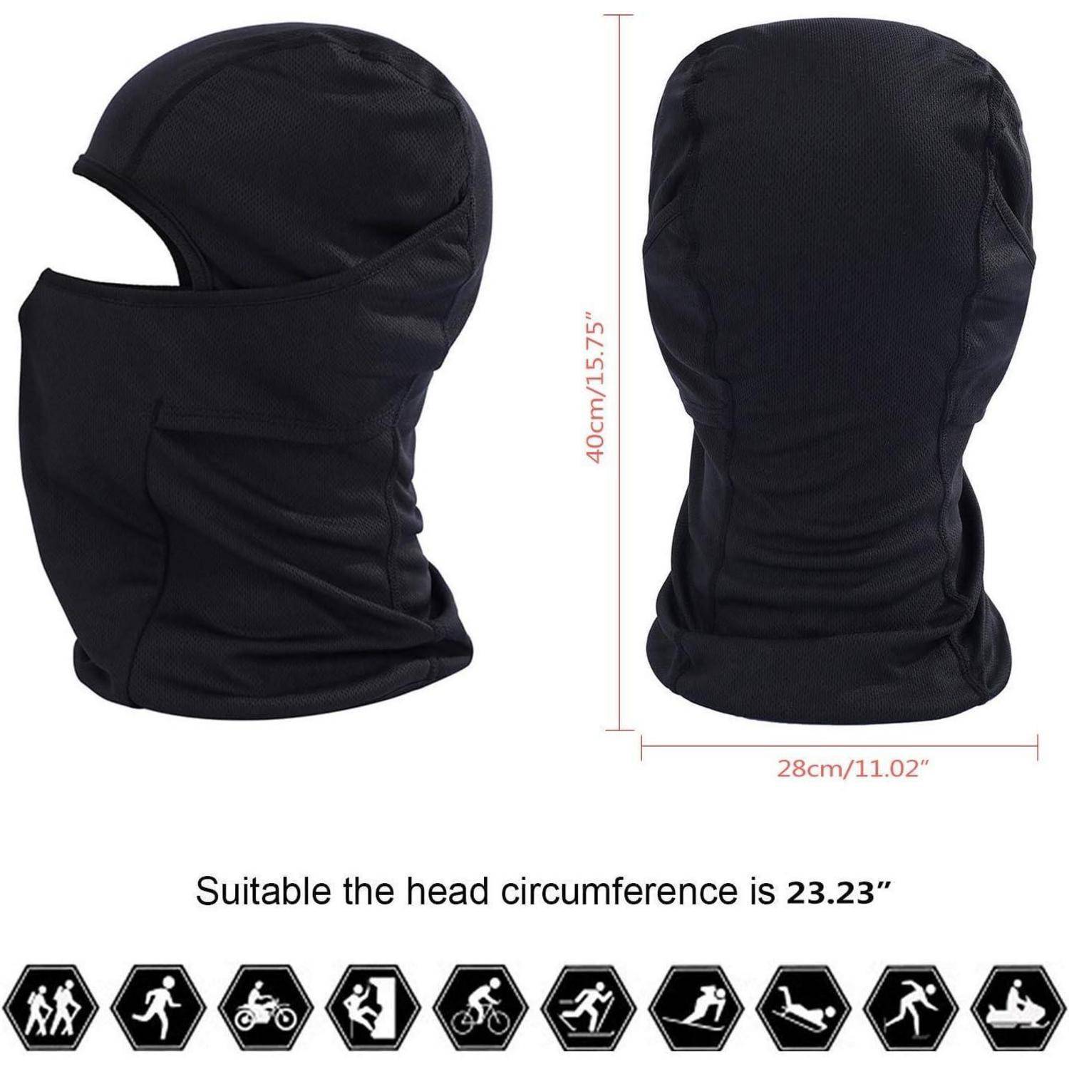 Schwarze Sturmhaube/Gesichtsmaske von vorne und hinten gezeigt mit Größe 40 cm hoch, 28 cm breit; der Text besagt, dass der geeignete Kopfumfang 23,23 Zoll beträgt.