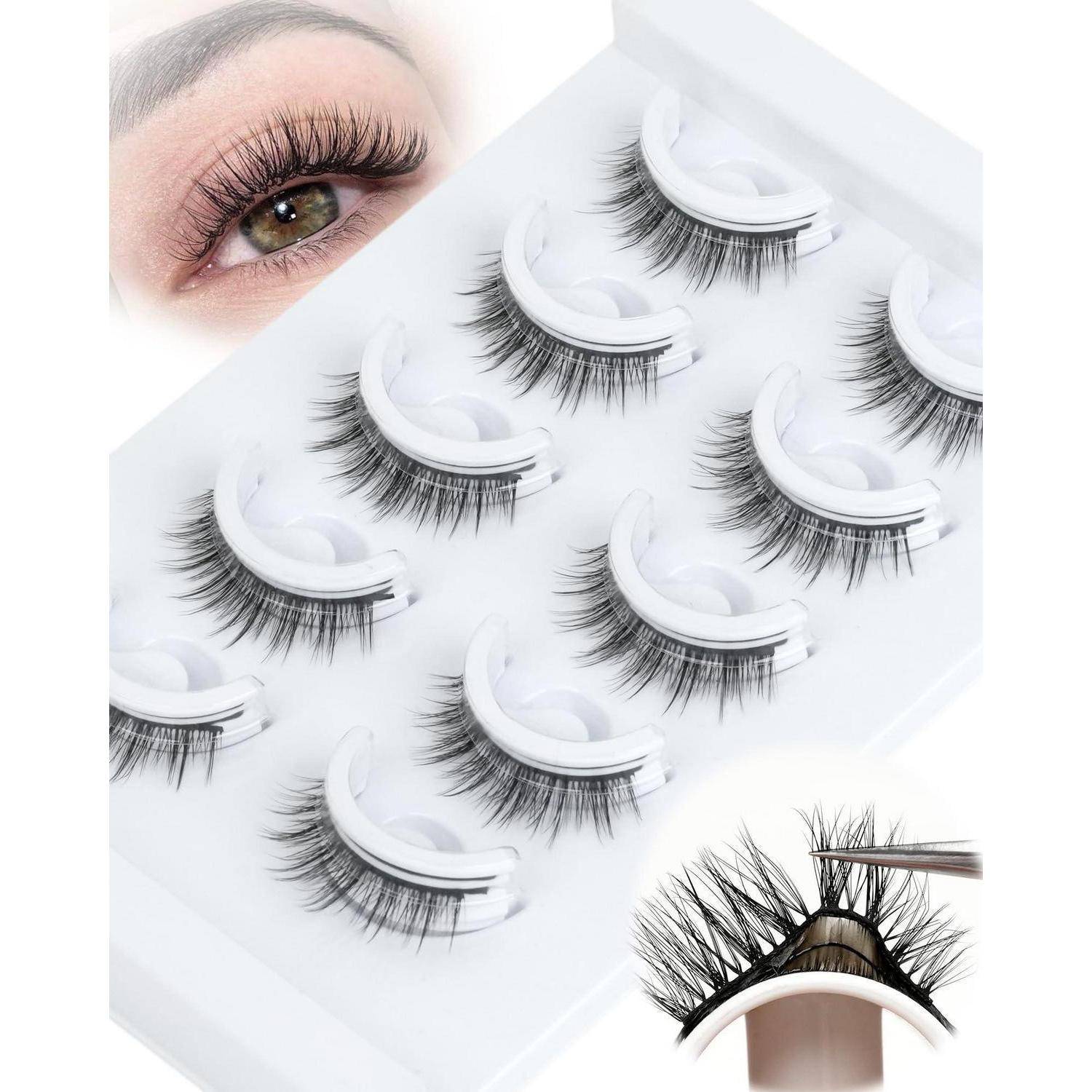 Tablett mit Wimpernbüscheln in weißen Behältern, mit einer Nahaufnahme eines Frauenauges mit langen Wimpern und einem Pinzettenanwendungsbeispiel.