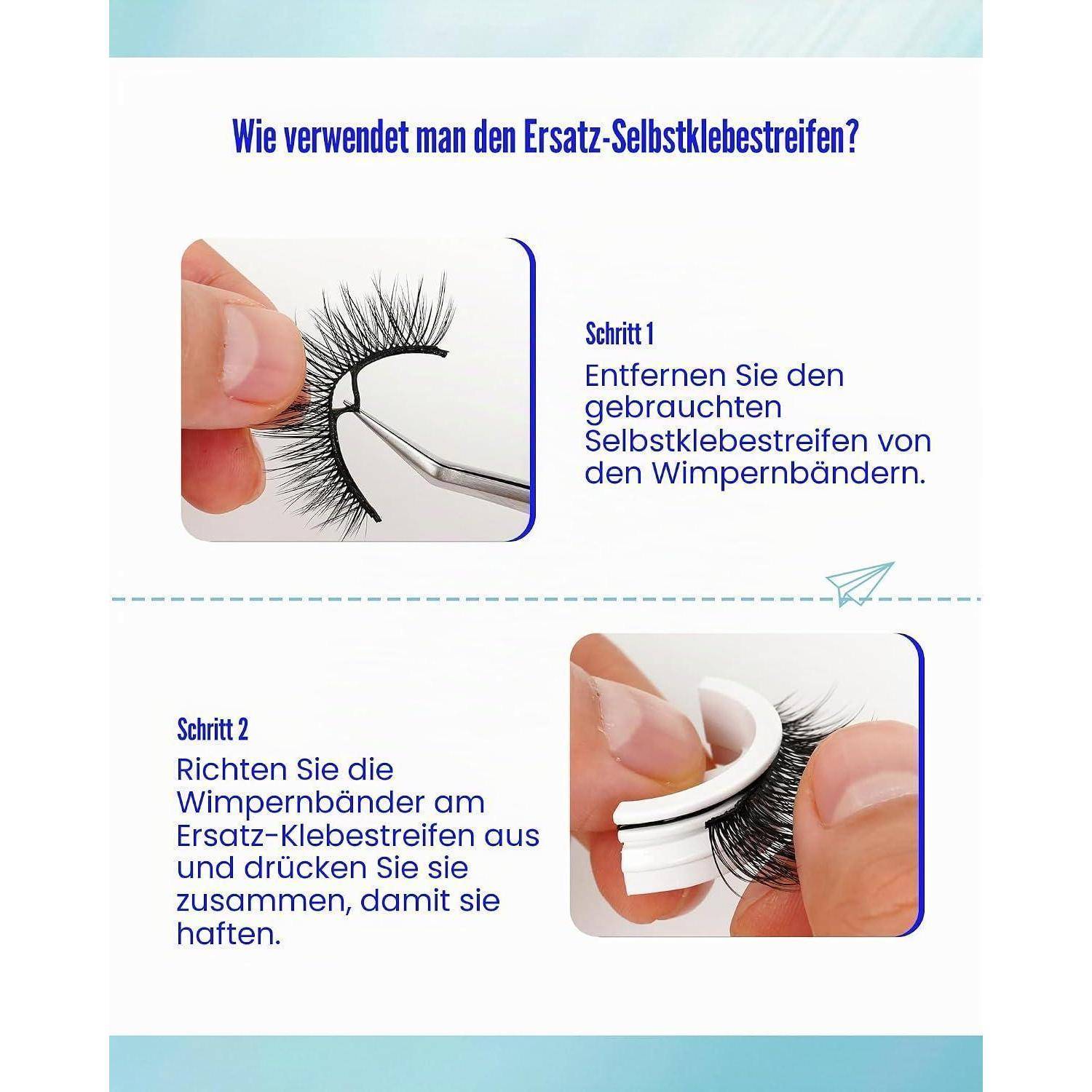 Anleitung zur Anbringung von falschen Wimpern mit zwei Schritten: Entfernen Sie zunächst den schützenden Klebstoffstreifen vom Wimpernband, dann richten Sie die Wimpern aus und drücken Sie sie auf den Ersatzklebstoffstreifen, um sie zu sichern.