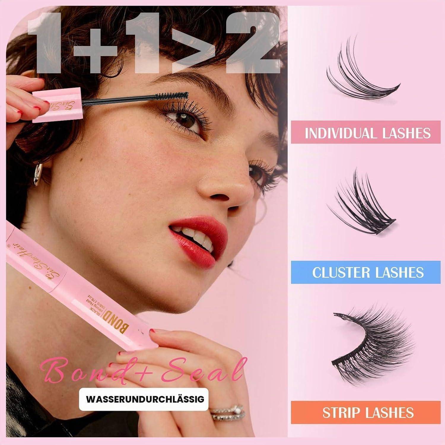 Werbe-Make-up-Bild einer Frau, die Mascara aufträgt und Wimpernkleber hält, mit Text „1+1>2