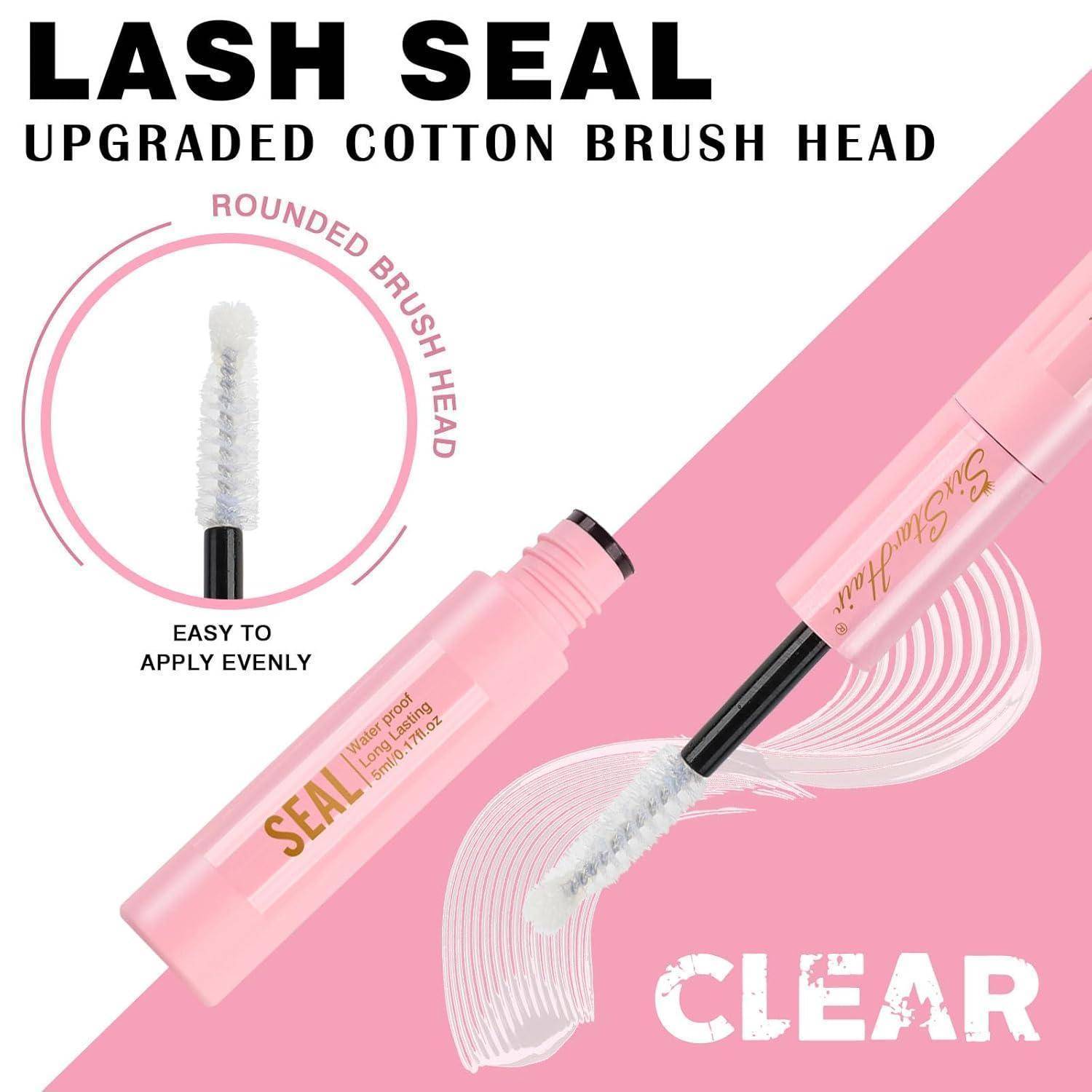 Rosa Wimperntusche-Versiegelungsröhrchen mit transparentem Baumwollbürstenkopf; der Text hebt „LASH SEAL