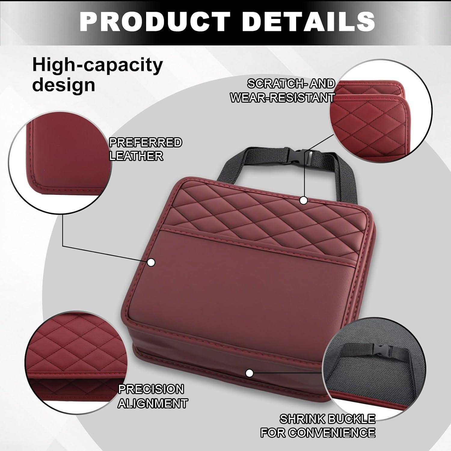 Produktdetail-Grafik mit einer kastanienbraunen gesteppten Ledertasche mit Hochkapazitäts-Design, kratzfestem Material, präziser Ausrichtung und verstellbarem Schnallengurt.
