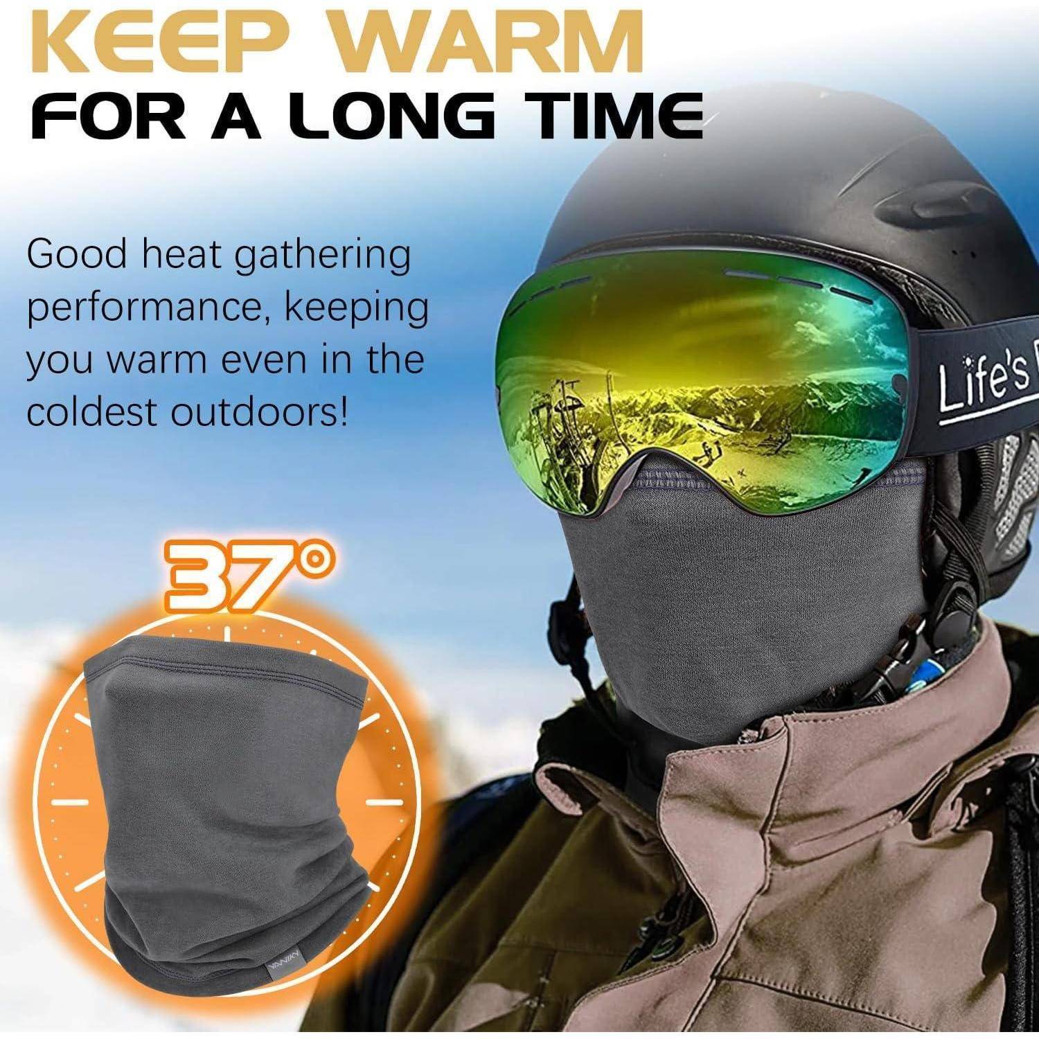 Werbeanzeige für Gesichtsmaske bei Kältewetter und Skibrillen, die einen eingepackten Skifahrer zeigt mit dem Text „LANGE WARM BLEIBEN