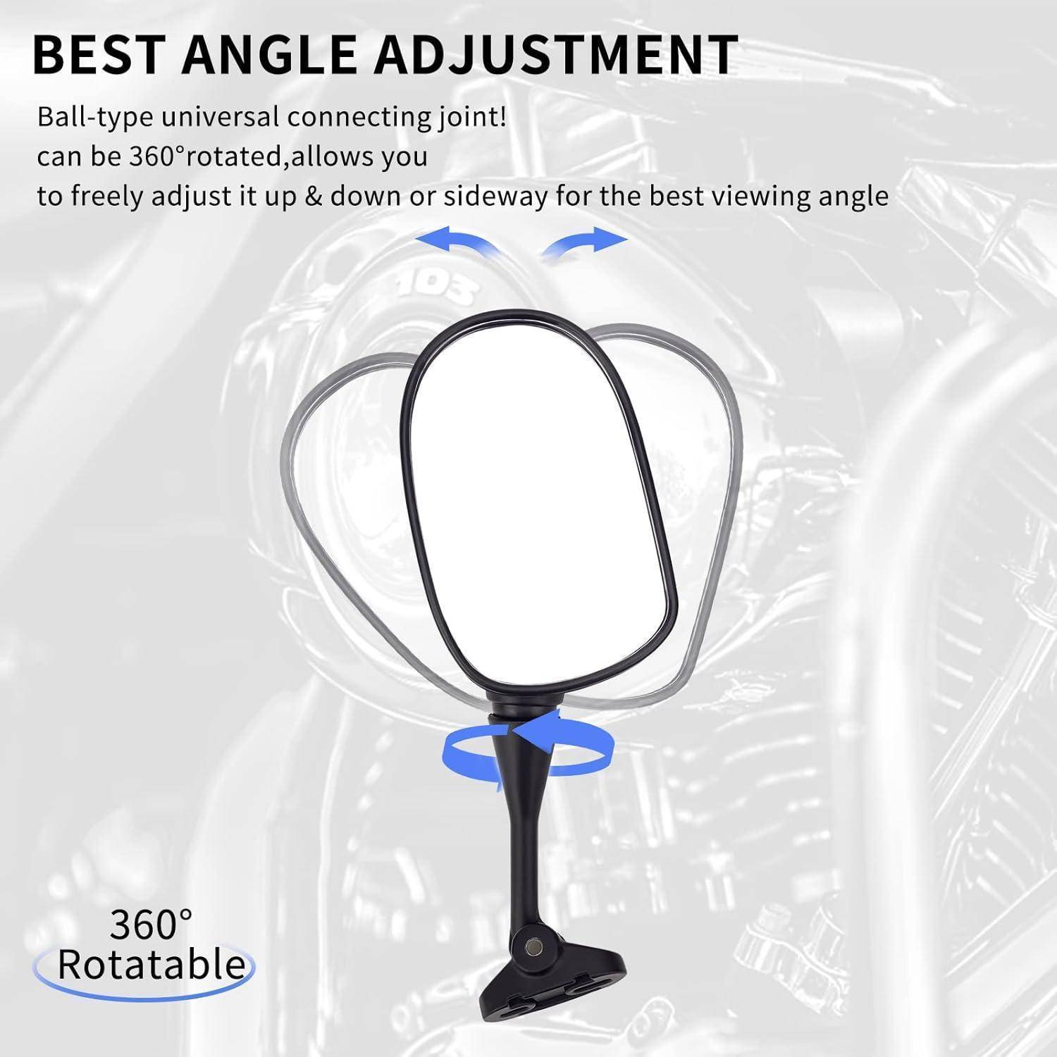 Illustration einer Autoinnenspiegelhalterung mit 360-Grad-verstellbarem Kugelgelenk und rotierender Basis, beschriftet mit „Best Angle Adjustment