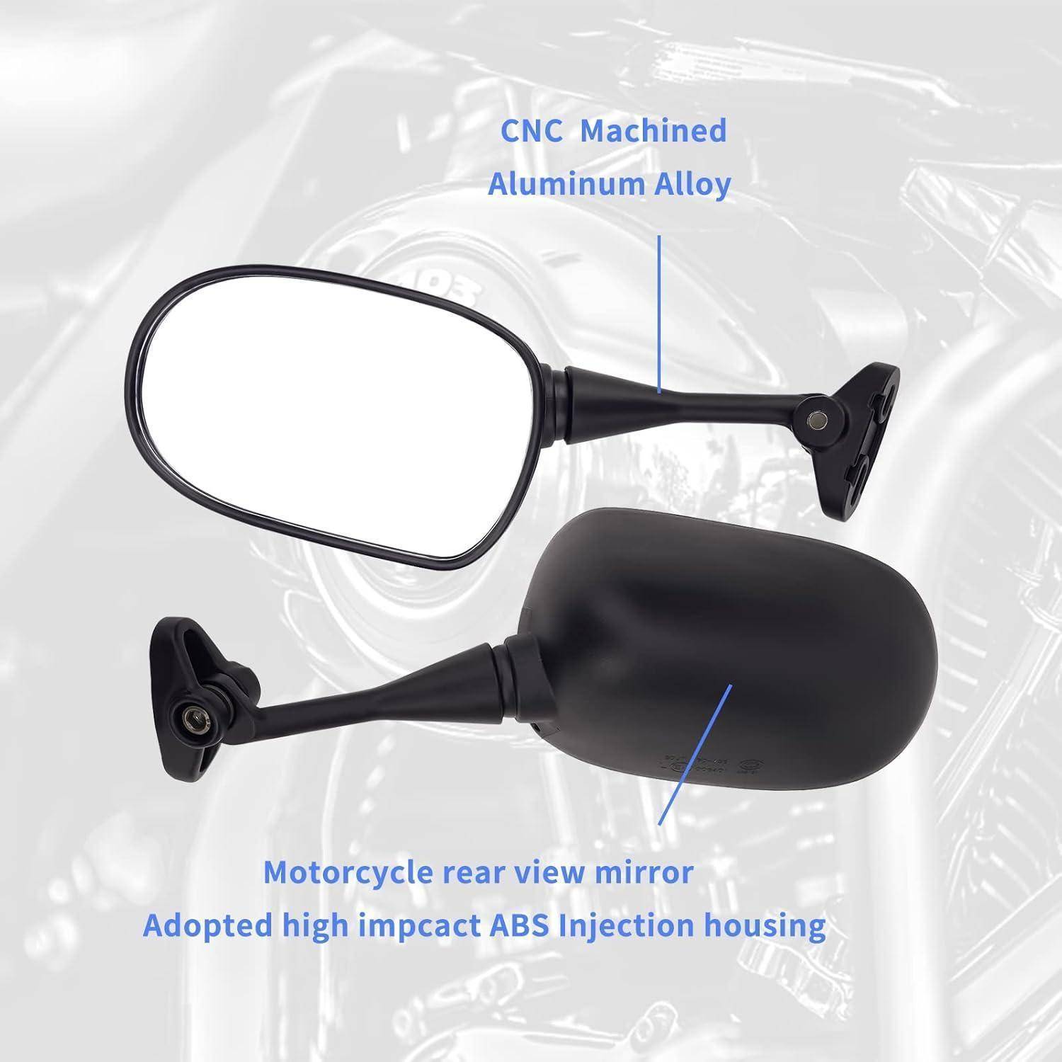 Produktbild eines Motorrad-Rückspiegels mit schwarz CNC-bearbeitetem Aluminium-Legierungsstiel und hochfestem ABS-Gehäuse, von vorne und hinten dargestellt mit Beschriftungen.