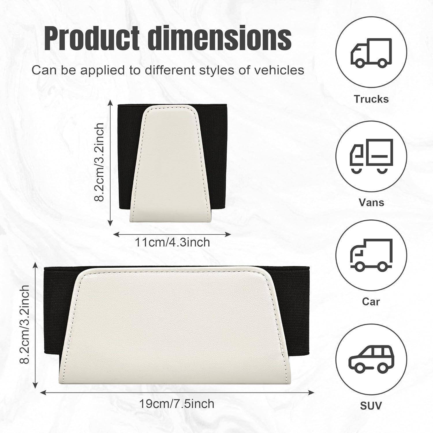 Produktabmessungen-Diagramm mit zwei Größenoptionen für ein Fahrzeugzubehör: 11 cm x 8,2 cm und 19 cm x 8,2 cm, geeignet für Lastkraftwagen, Transporter, Pkw und SUVs.