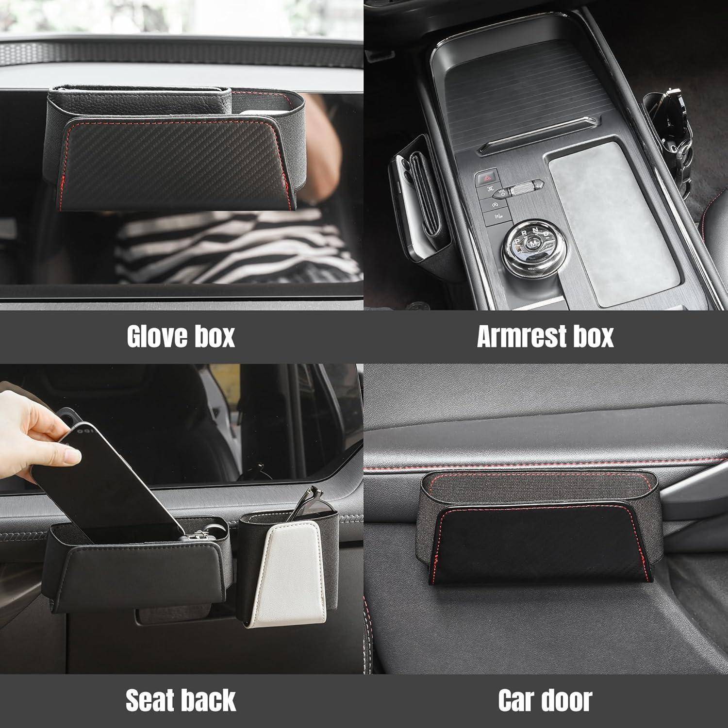 Collage zeigt einen Auto-Organizer/Aufbewahrungsbox, der in der Handschuhfach, Mittelkonsole, Rückenlehne und Autotür-Taschen verwendet wird.